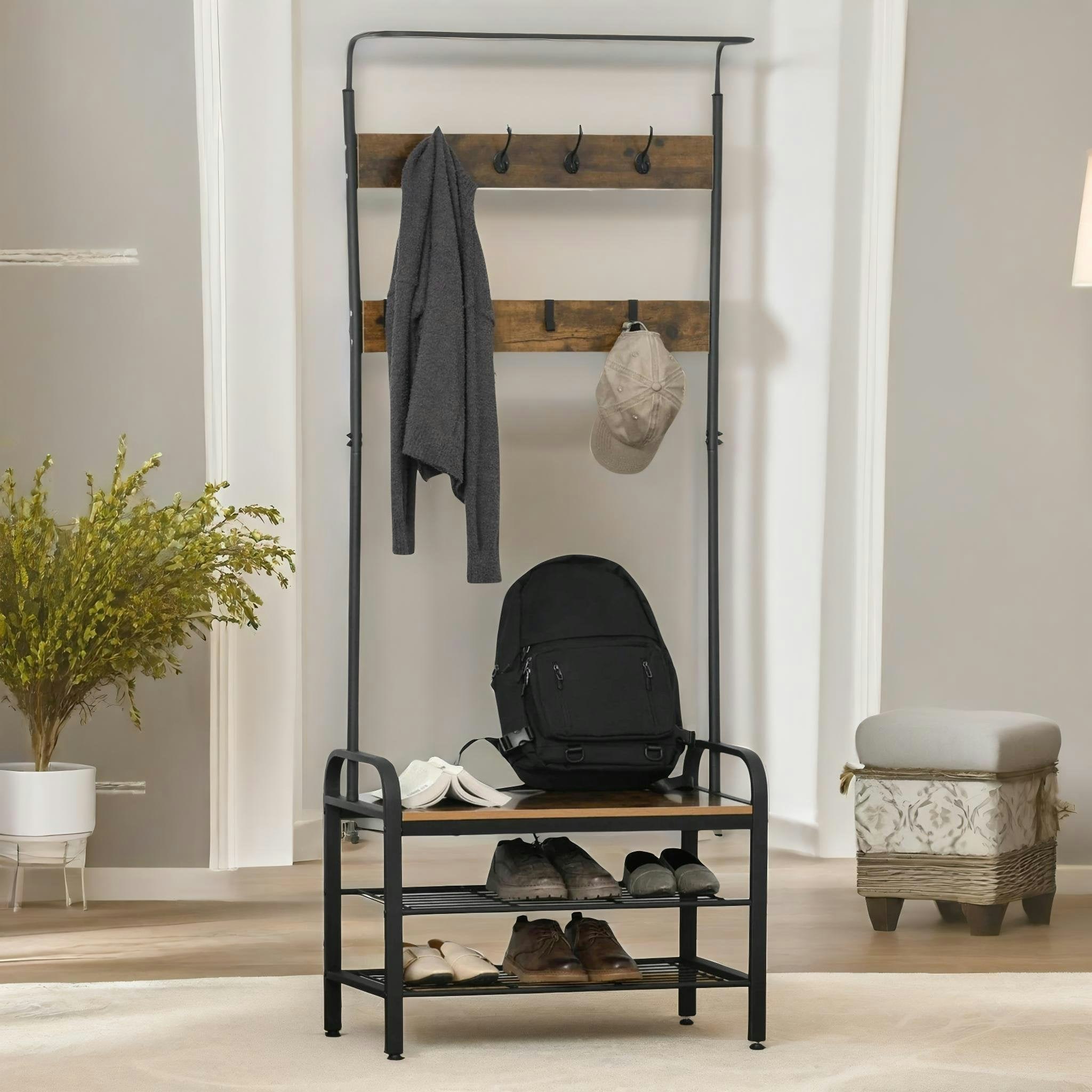 Rackhams Industrial Coat Rack Stand With 2 Shelves & 8 Hooks
