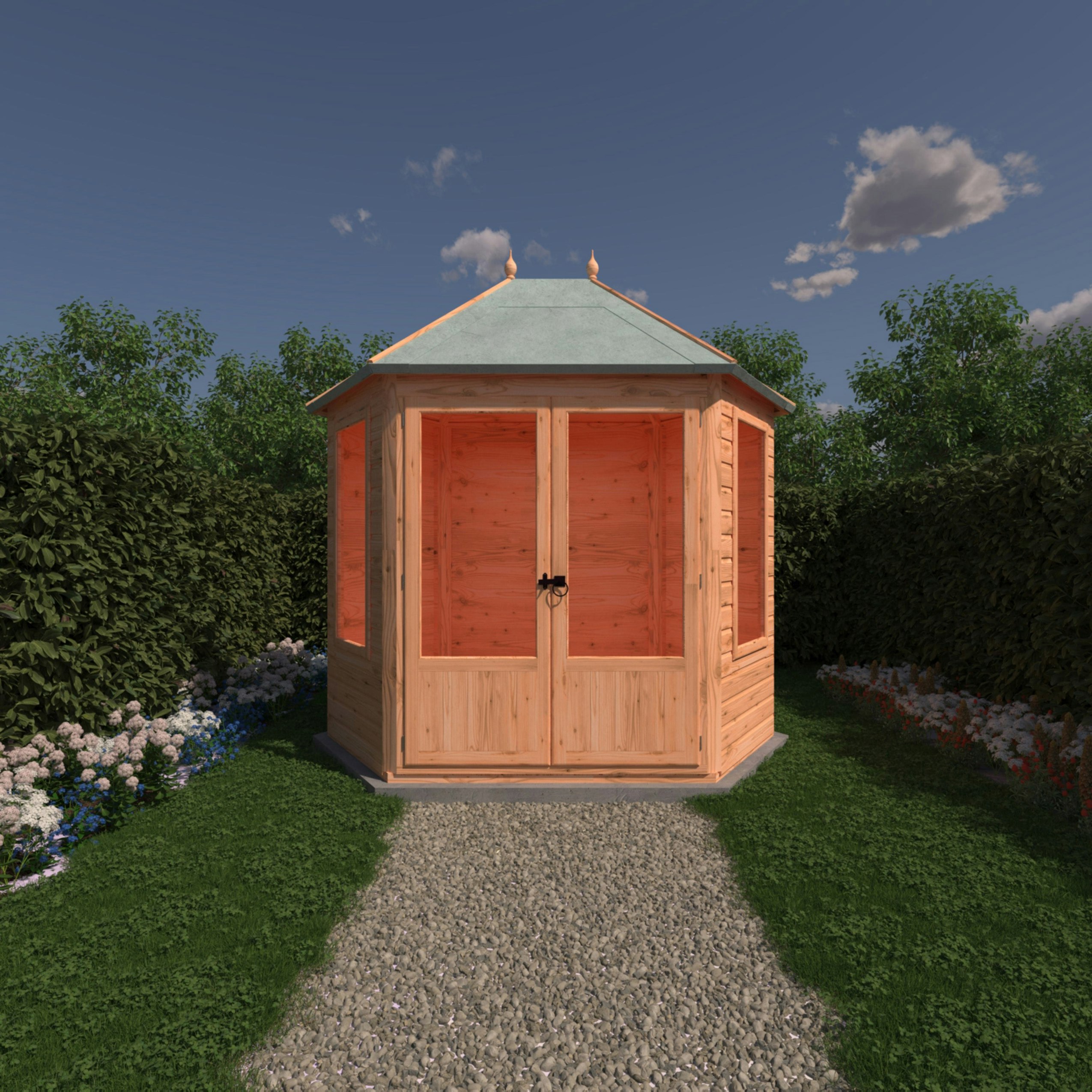 Rackhams Fleswick Hexagonal Gazebo Summerhouse 8X7 Double Doors 12Mm Cladding