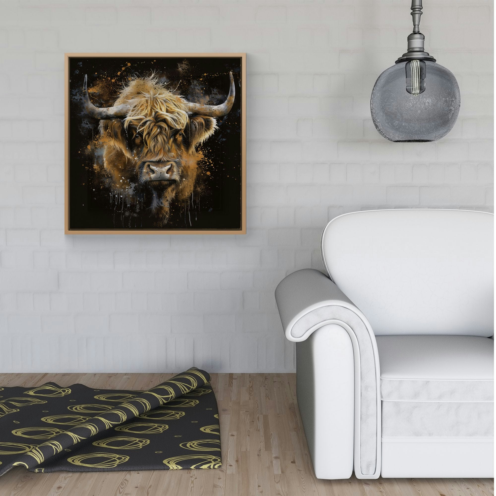 Warren Reed Bronze Splash Art Highland Cow Framed Canvas - 40" X 40" - Pine