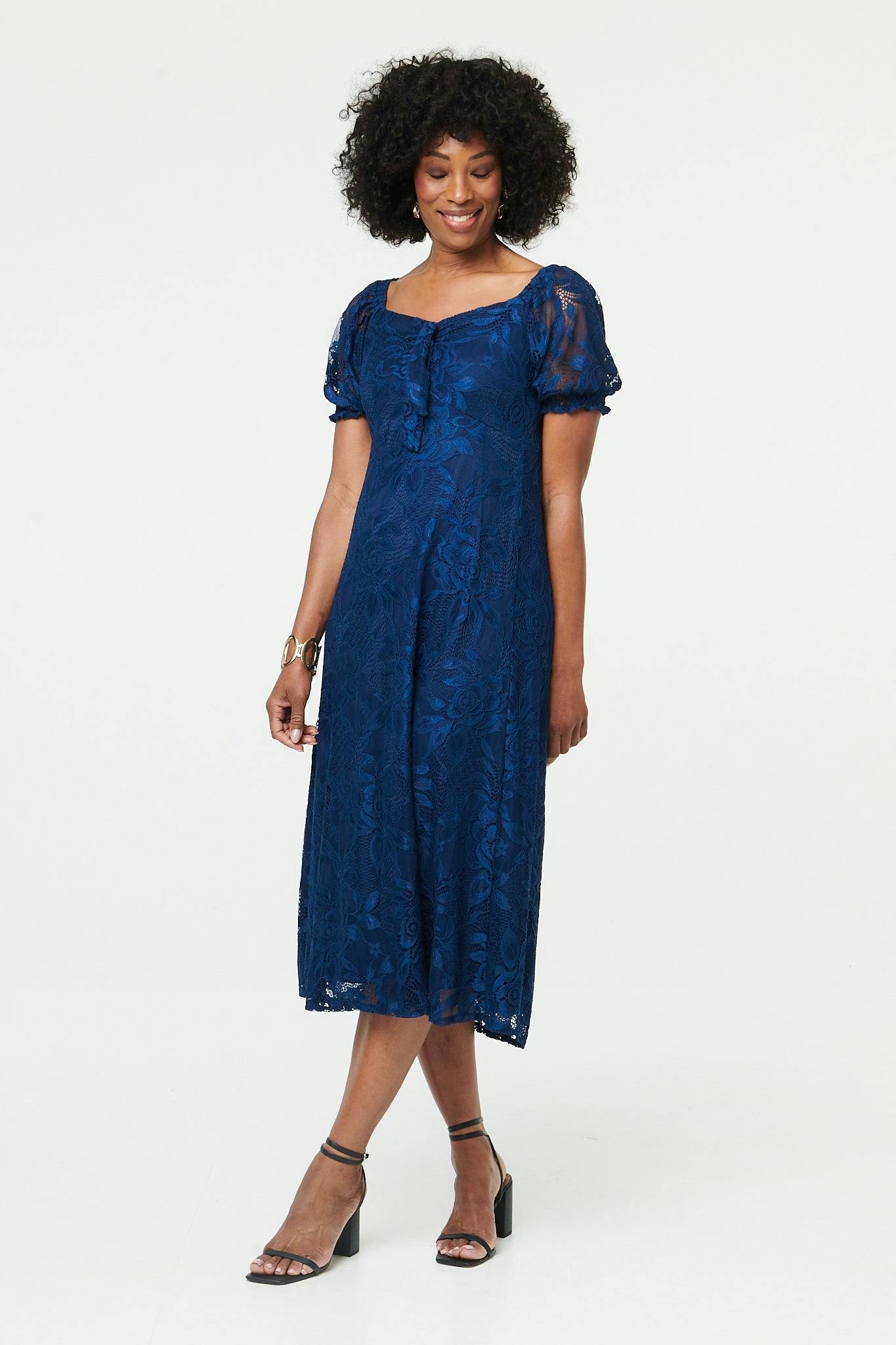 Izabel London Blue Textured Floral Lace Layered Midi Dress - 16