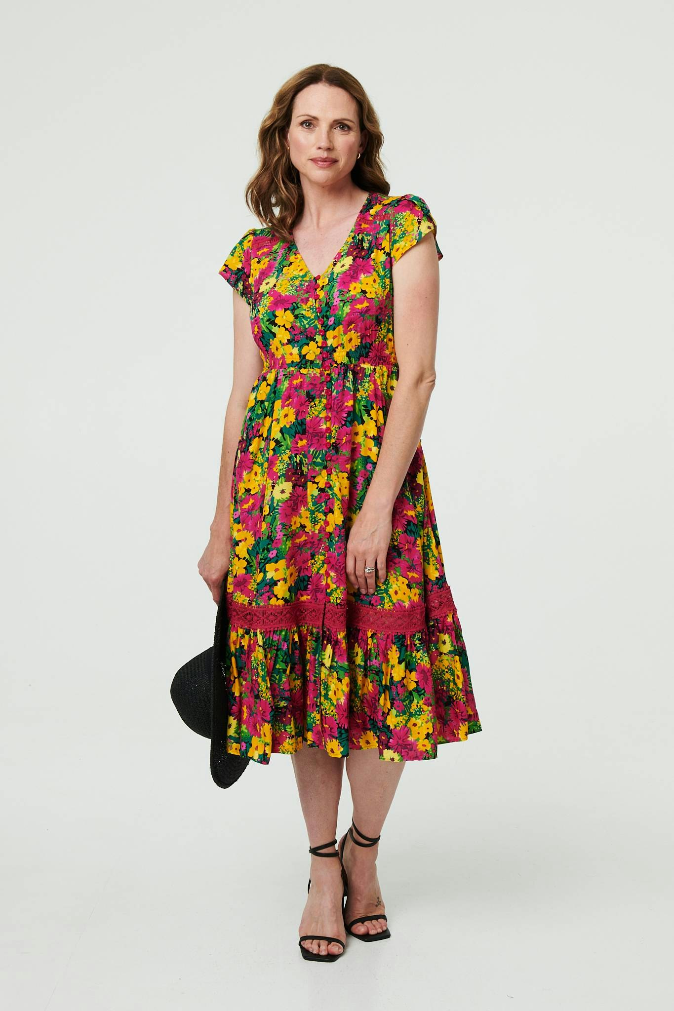 Izabel London Green Floral Lace Trim Cap Sleeve Midi Dress - 8