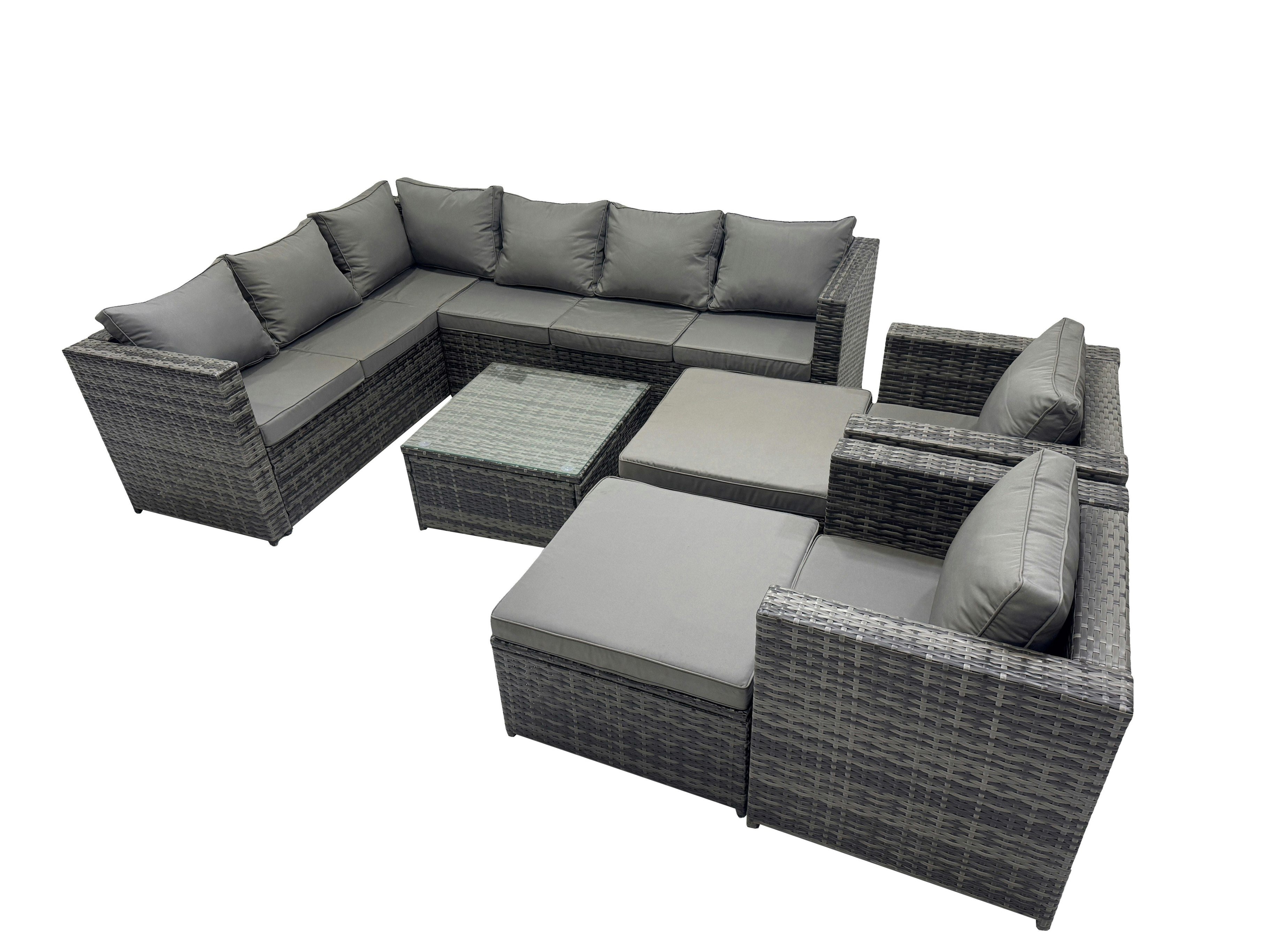 Fimous Dark/Grey Rattan Garden Furniture Patio Furniture Sets With Corner Sofa Coffee Table 2 Big Stool Mixed