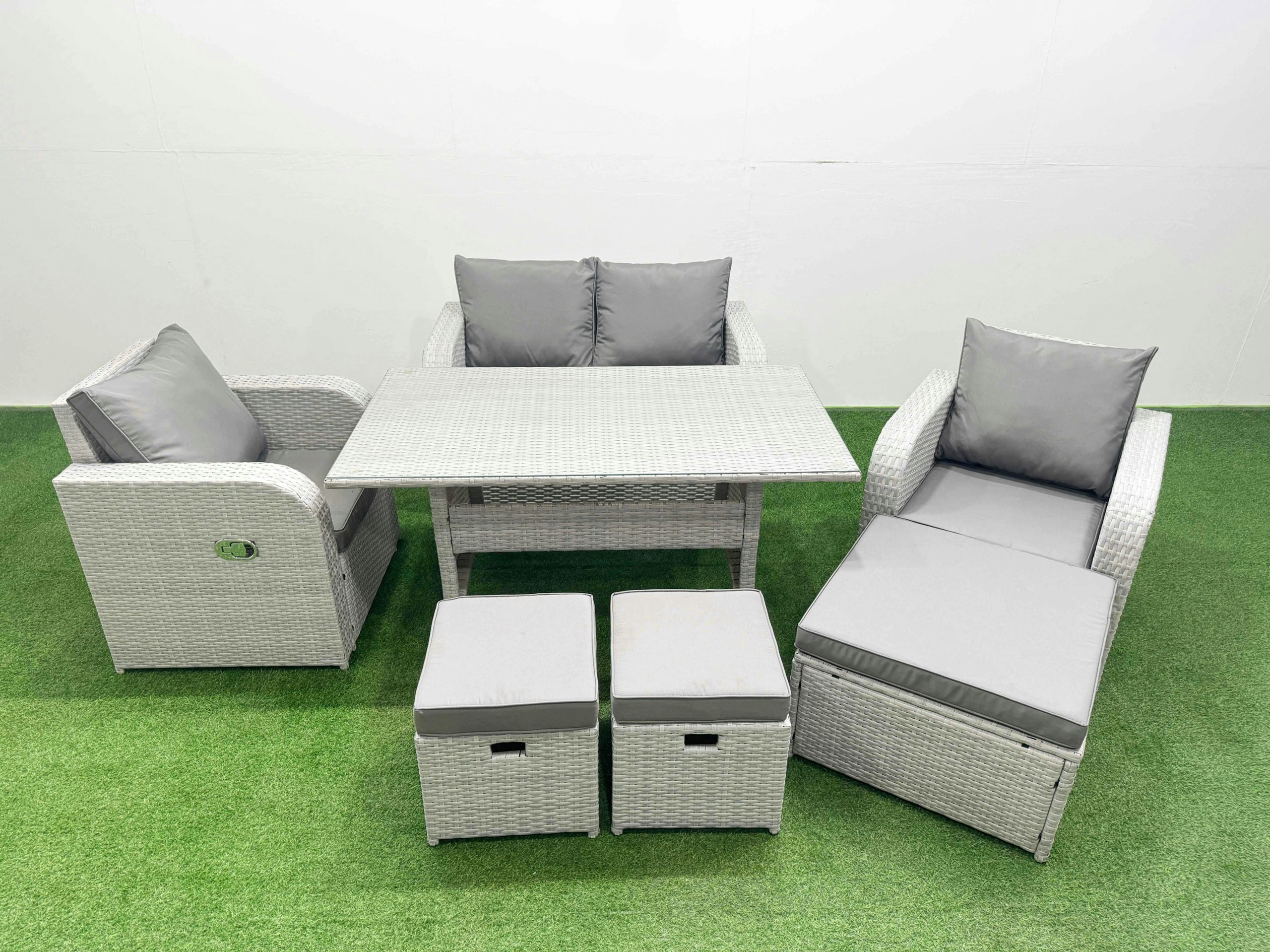 Rackhams Light/Grey Pe Wicker Rattan Garden Furniture Set Sofa Set Reclining Chair Rectangular Dining Table 7 Seater 3 Stools