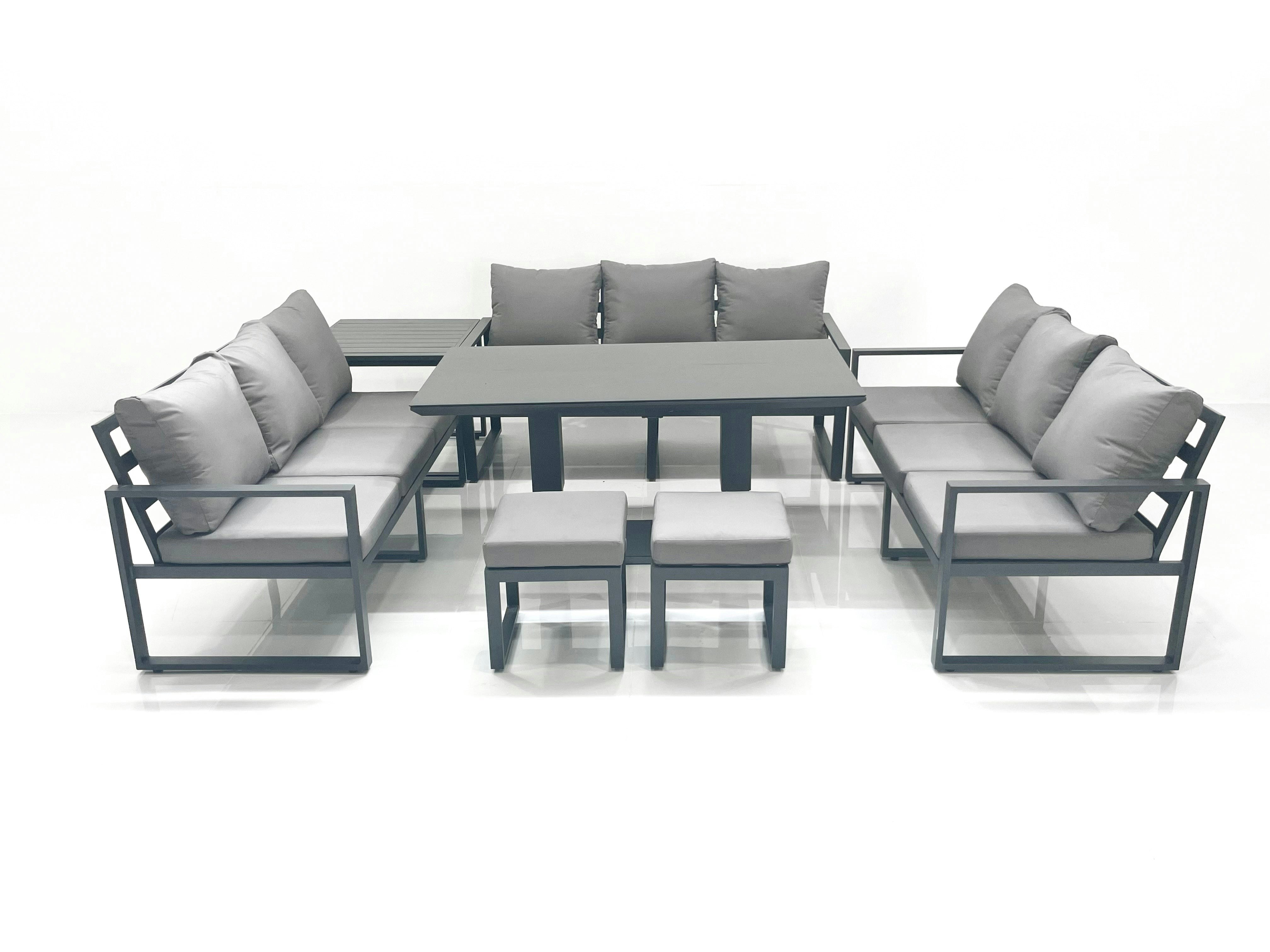 Rackhams Dark/Grey 11 Seater Garden Sofa Set Aluminium Furniture Rising Dining Tabe Set With Side Table 2 Small Footstools