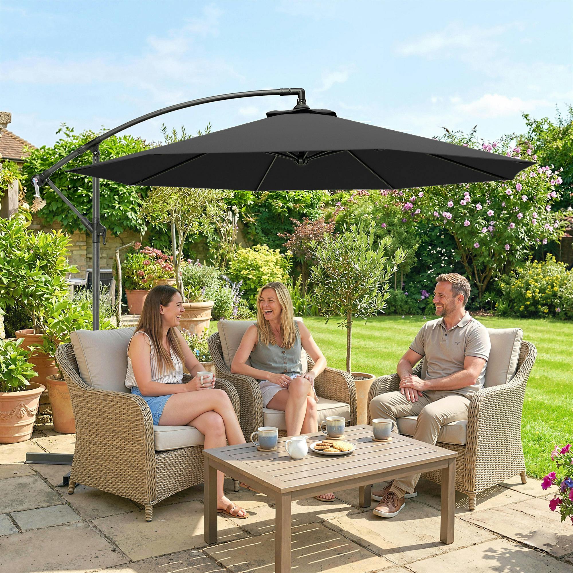 Rackhams Black 3(M) Banana Parasol Cantilever Umbrella Garden - 295 X 295 X 250 Cm