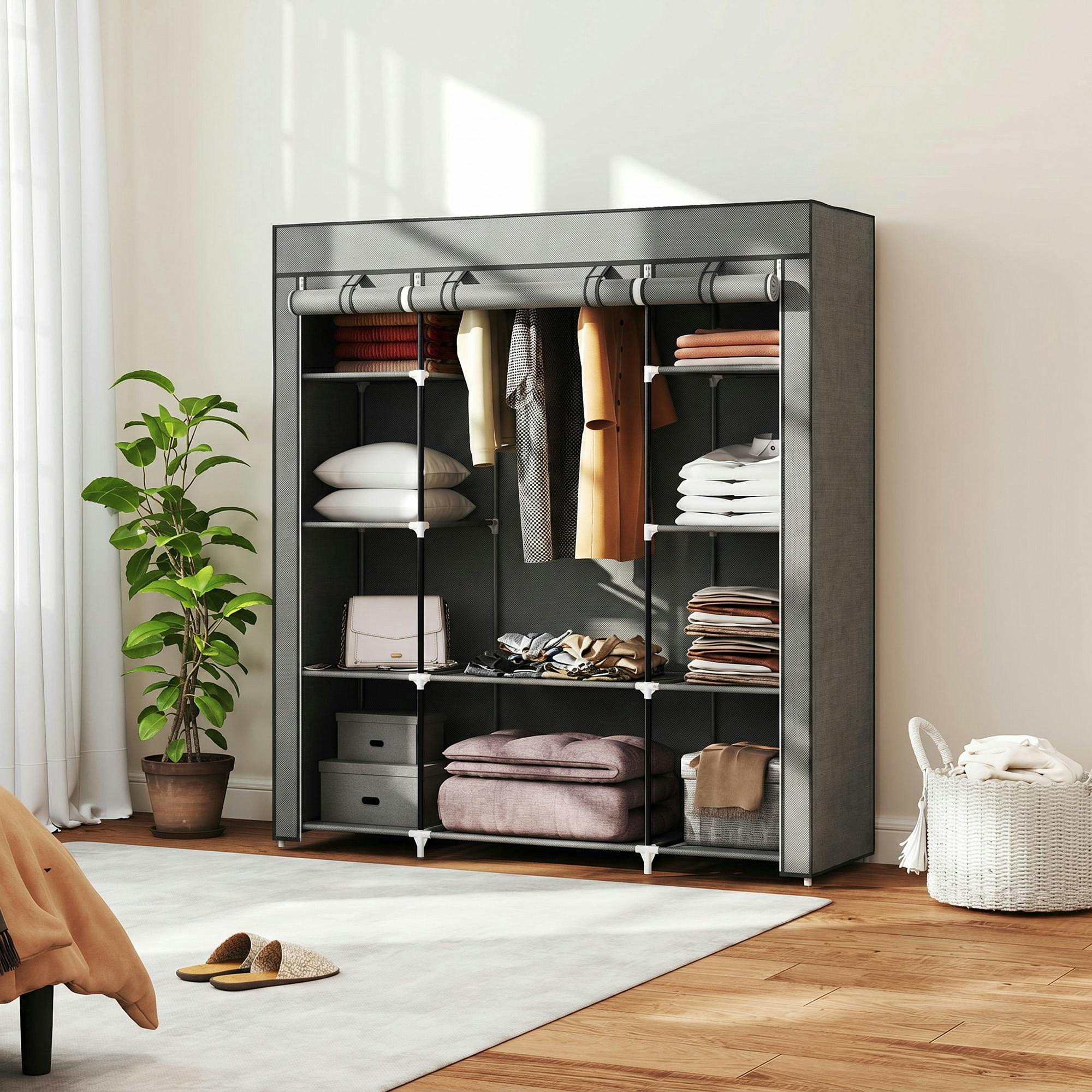 Rackhams Dark/Grey Fabric Wardrobe With 10 Shelves, Foldable Closet