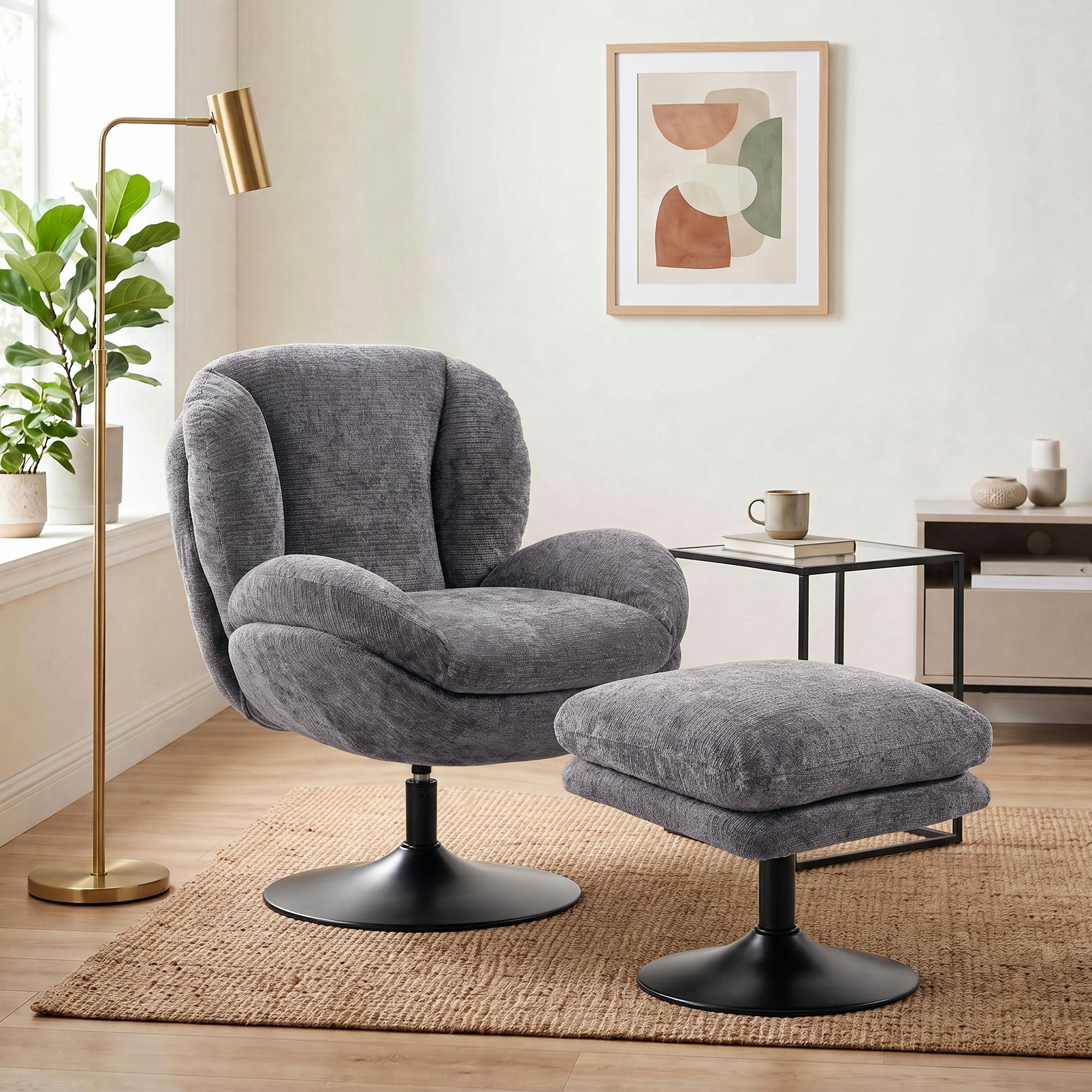 Homcom Chenille Lazy Chair With Ottoman, 360° Swivel, Dark Grey - Image 3