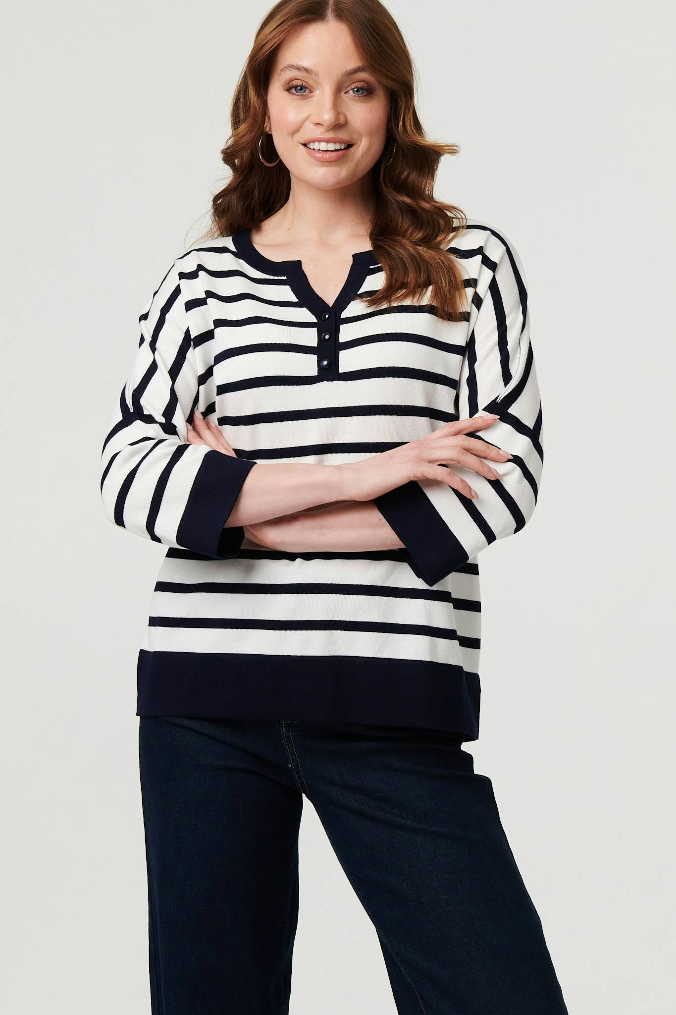 Izabel London Striped Oversized Drop Shoulder Top - S/M - Navy