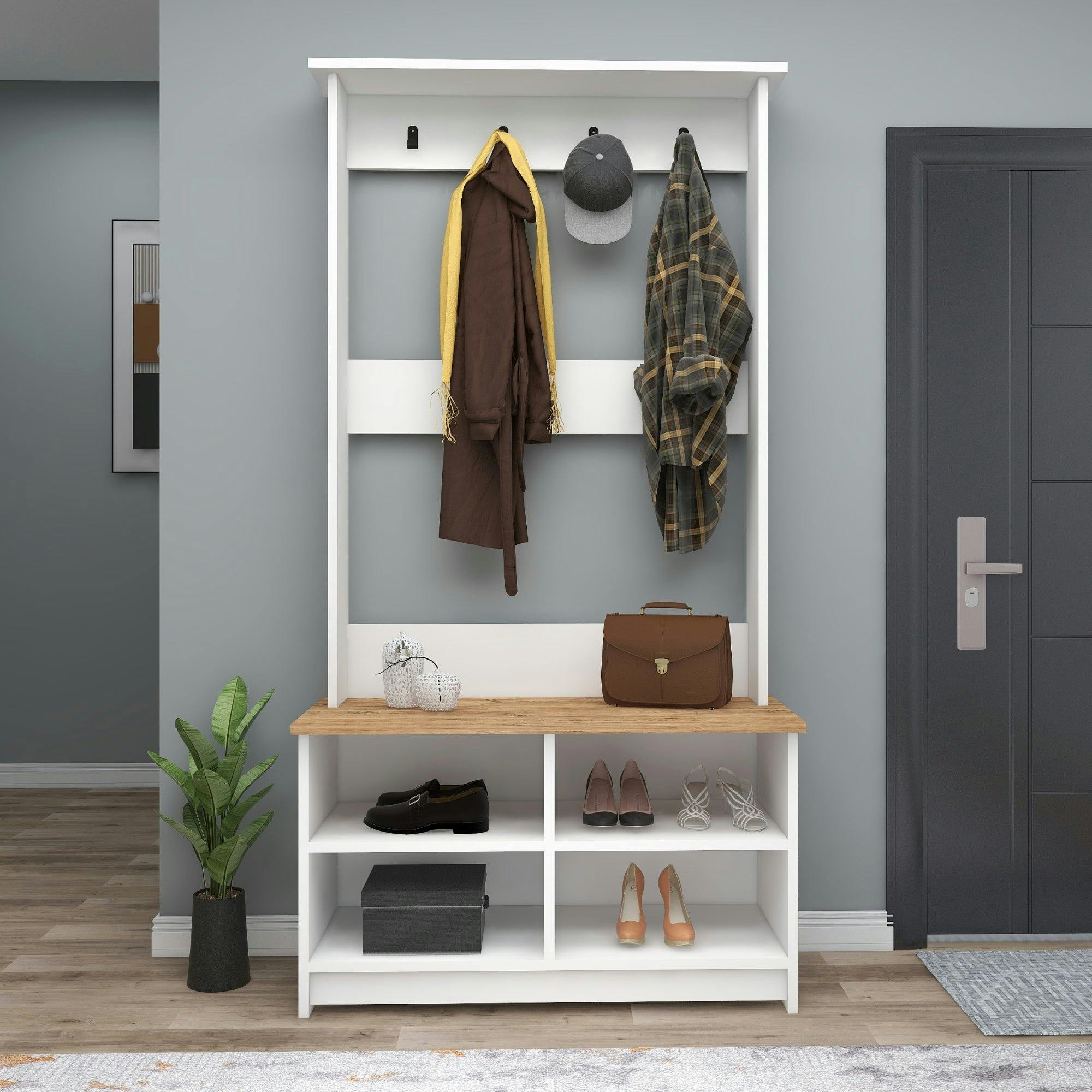 Destina Home White Amelia Modern Hallways Coat Rack With 4 Shelves & Metal Hooks - Atlantic Pine