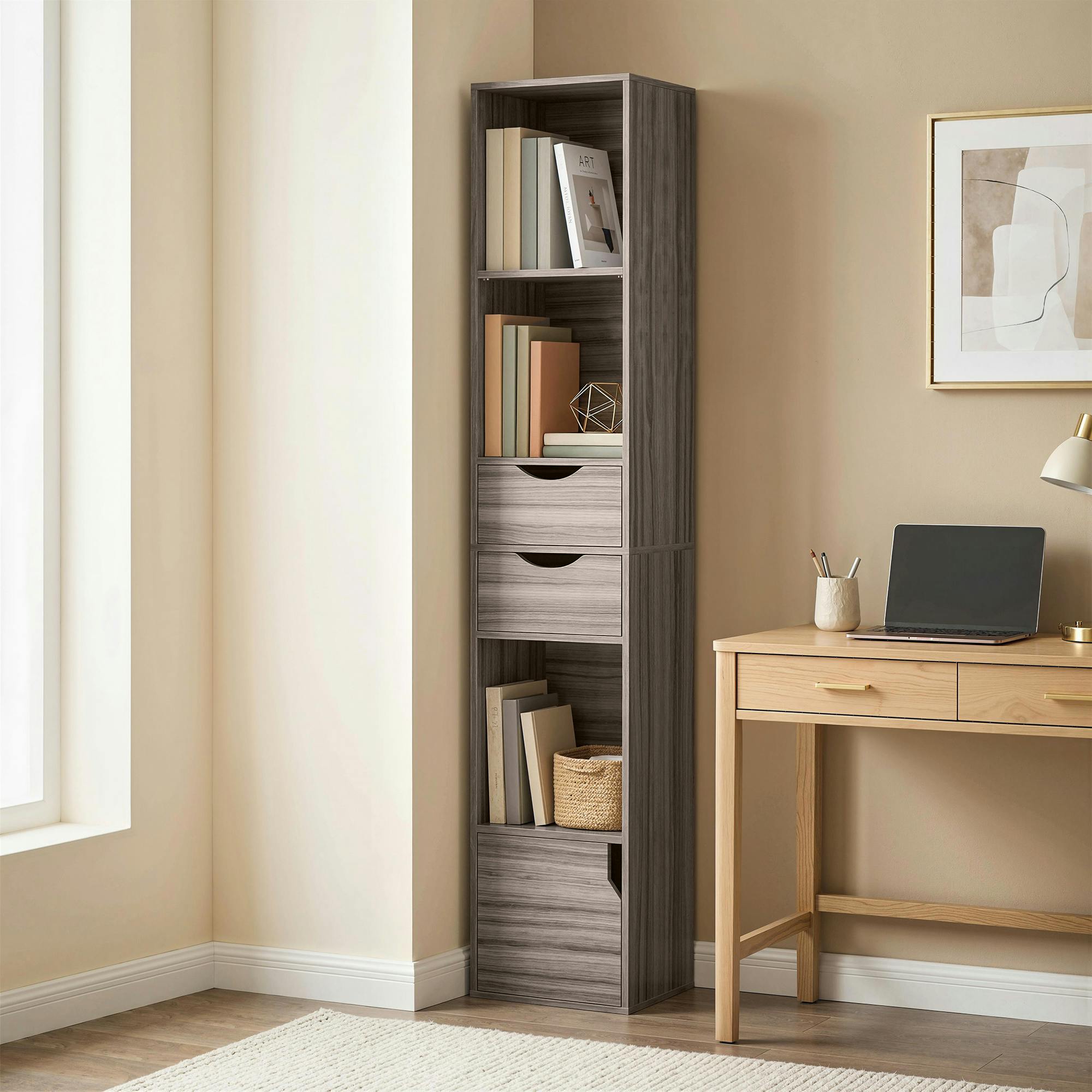 Homcom Grey Bookcase With Drawers Adjustable Shelf 158 Cm
