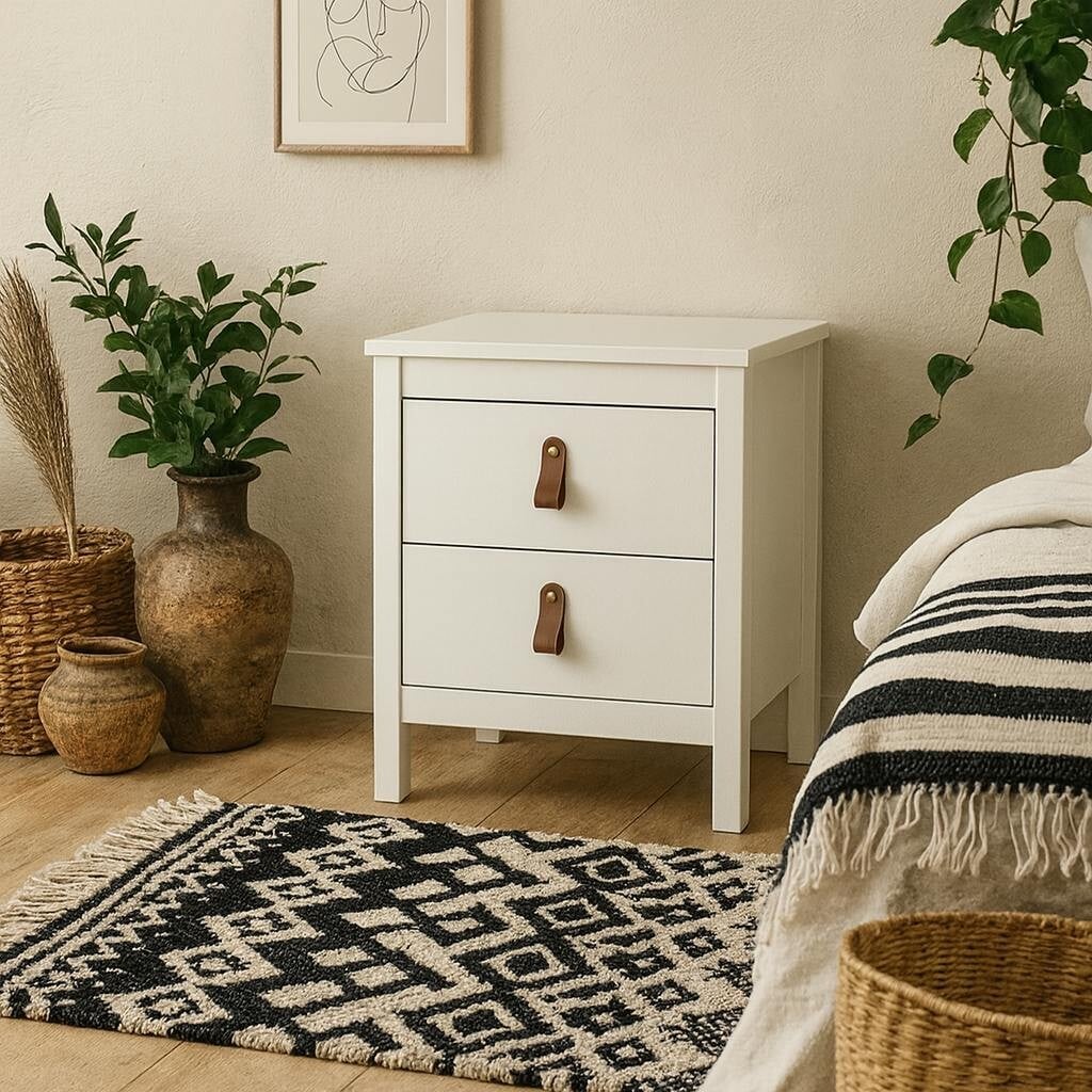 Rackhams White Wildberry Matt Wooden Bedside Table 2 Drawers Leather Handles