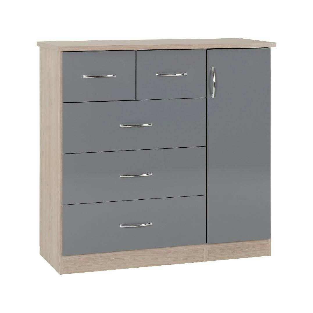 Seconique Grey/Light Nevada 5 Drawer Low Wardrobe - Gloss And Oak