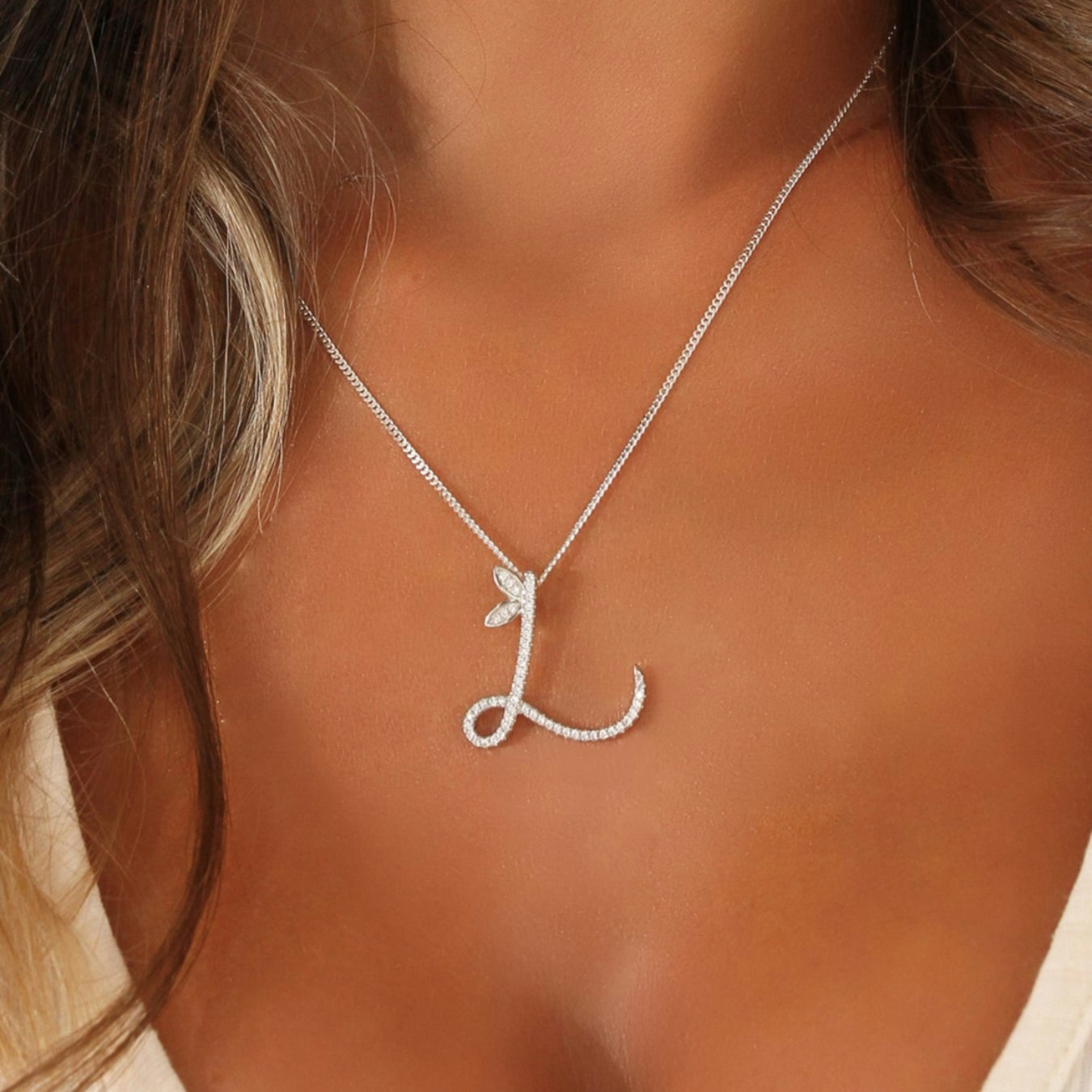 Say It With Silver 1 Inch Winged Full Cz Stones Initial Necklace - Sterling - F