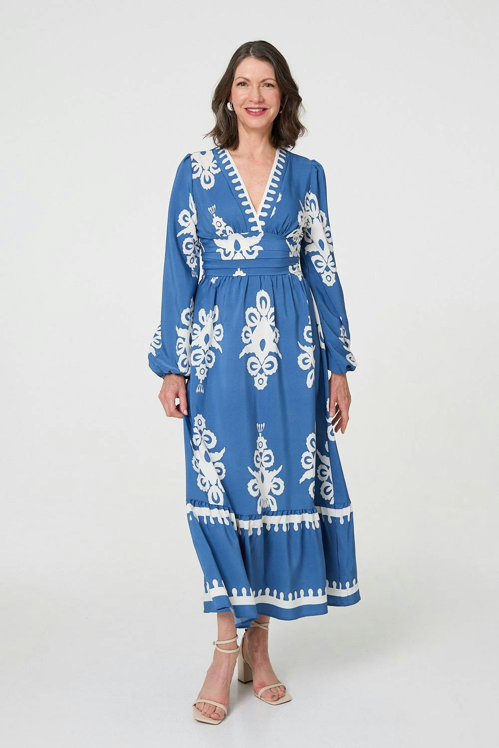Izabel London Blue Ikat Print Empire Kimono Maxi Dress - S