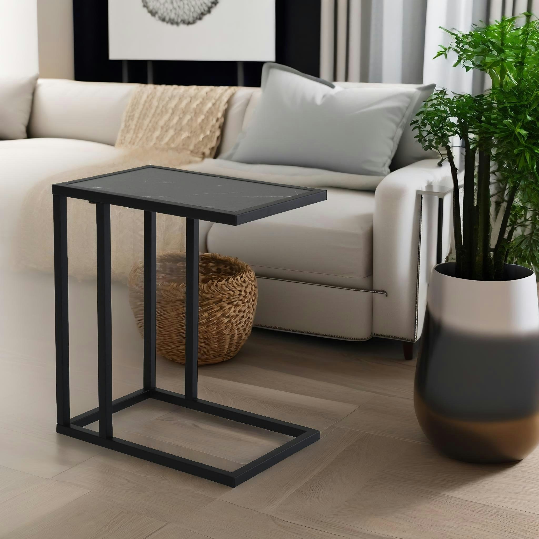 Rackhams Industrial C Shaped Side Table Marble Effect