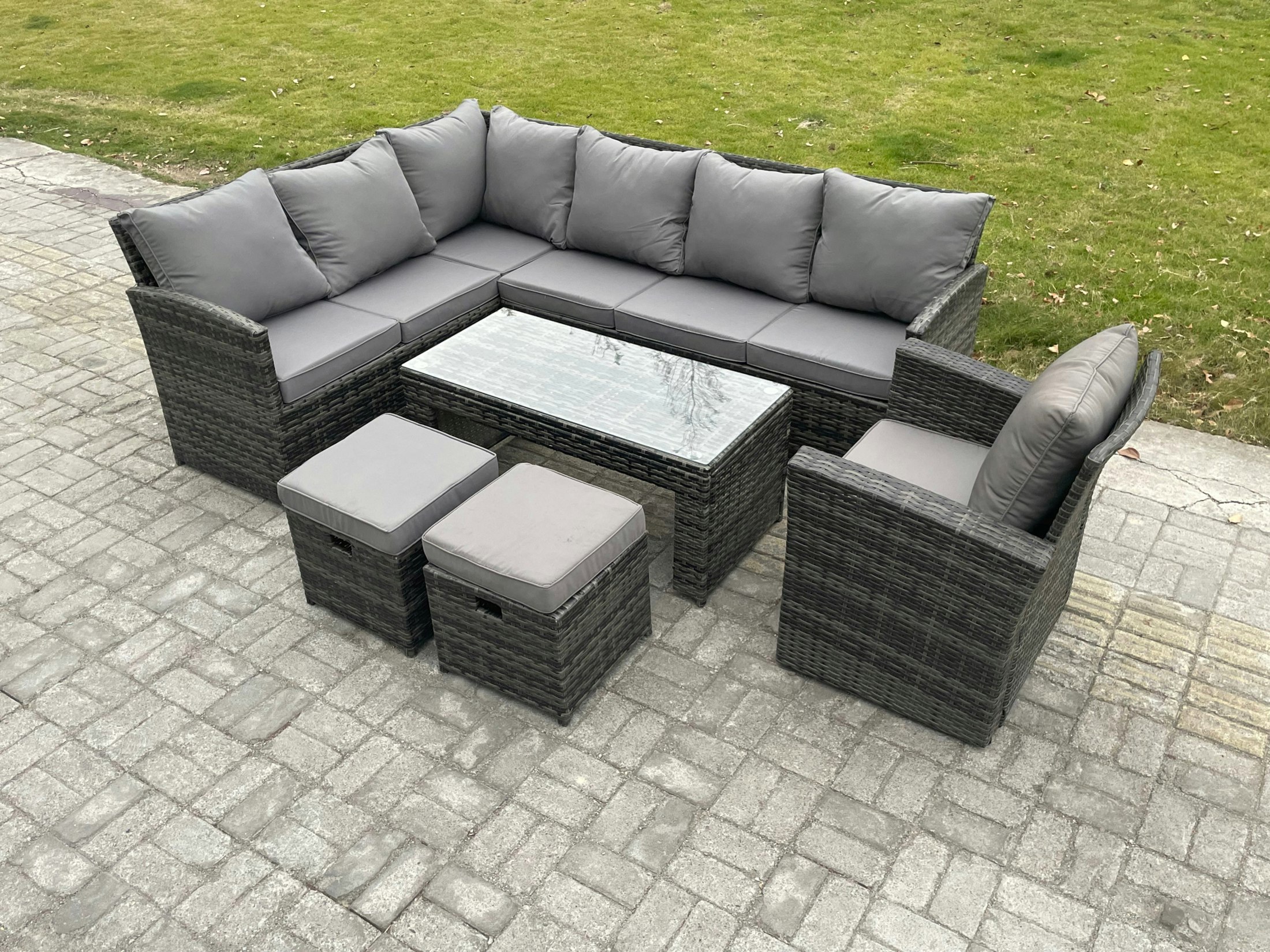 Fimous Dark/Grey 9 Seater Outdoor Rattan Garden Furniture Set Corner Sofa Oblong Coffee Table Sets With Patio 2 Small Footstools Armchair Mixed
