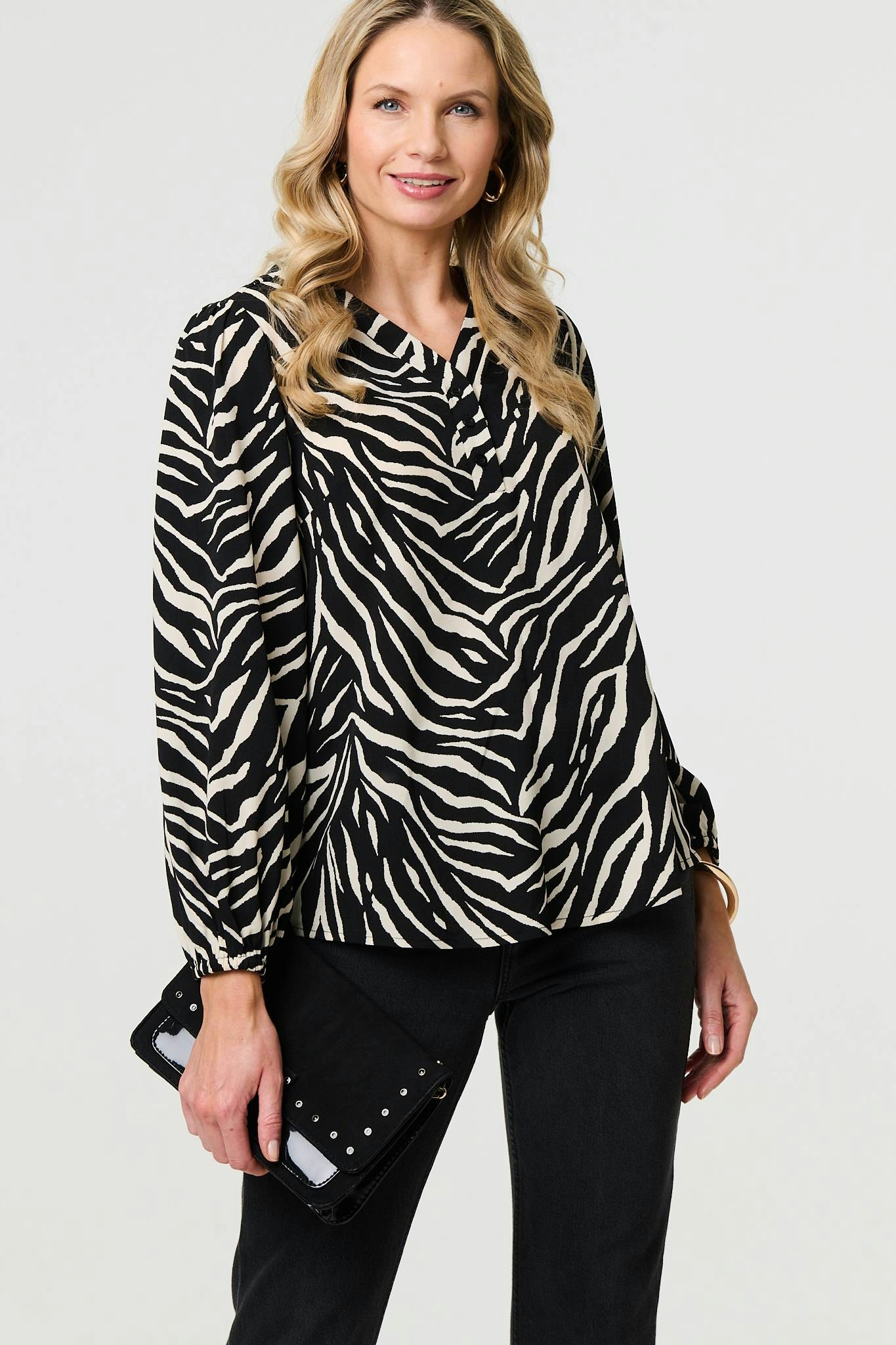 Izabel London Black Zebra Print V-Neck Long Sleeve Blouse - 8