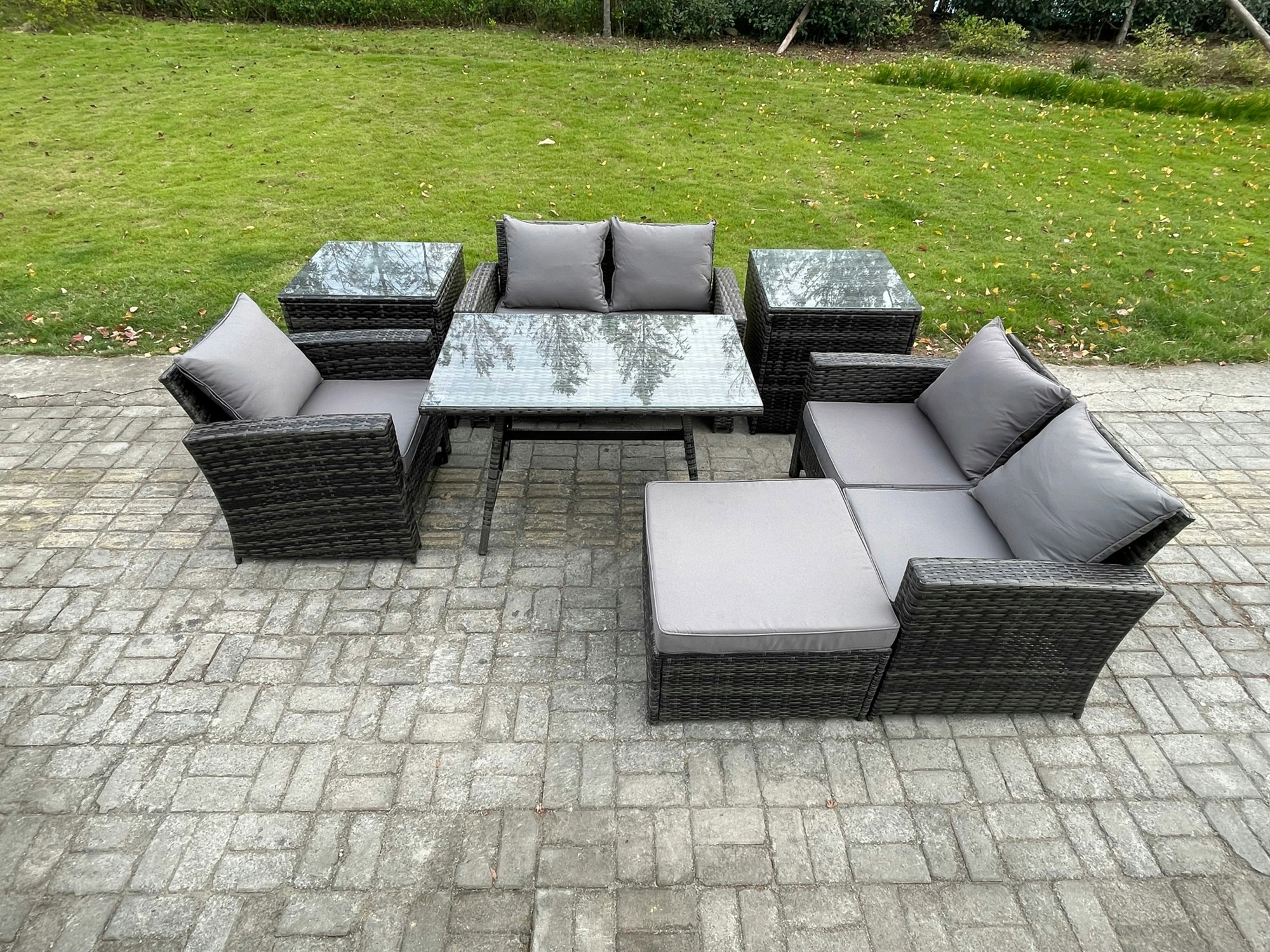 Fimous Dark/Grey Wicker Pe Rattan Garden Dining Set - Mixed Outdoor Sofa With Rectangular Dining Table & Big Footstool