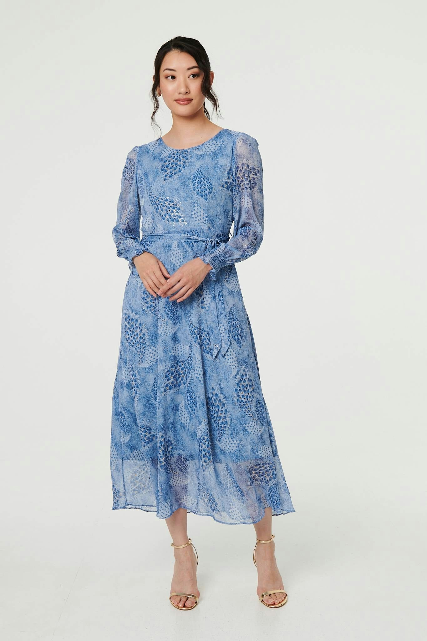 Izabel London Blue Feather Print Sheer Layered Maxi Dress - 12