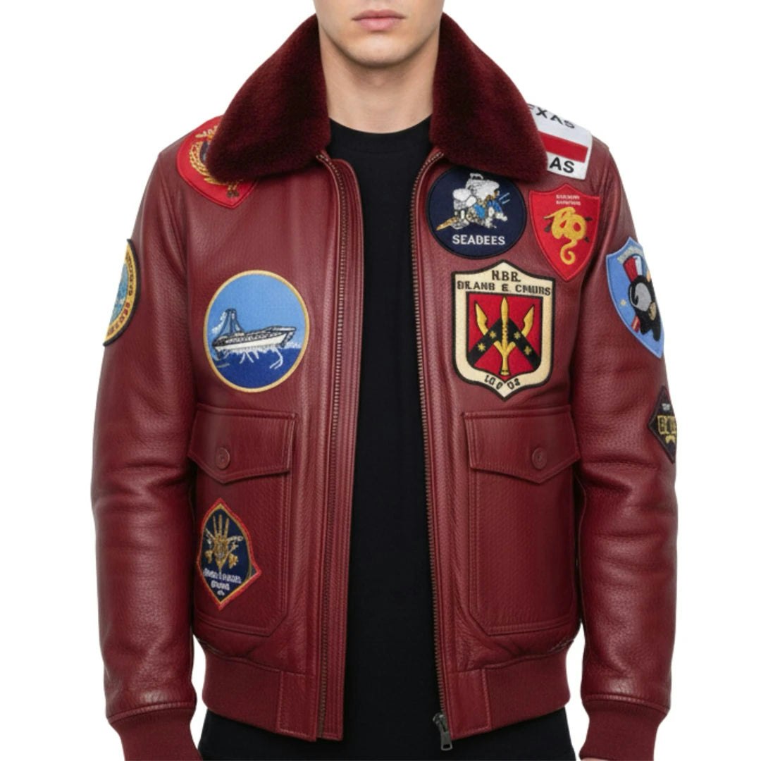 Infinity Leather Men's Red Leather Company Cowhide Top Gun Maverick Leather Aviator Bomber Jacket - 2XL