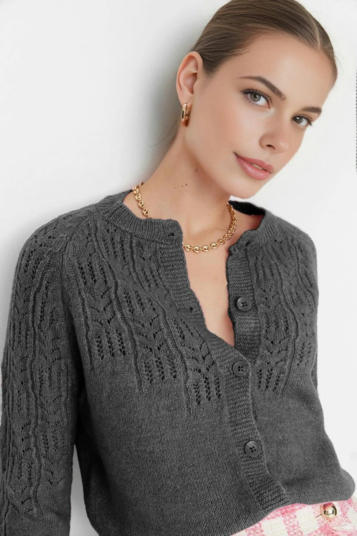 Wovcor Dark/Grey Soft Textured Openwork Knit Cardigan - S