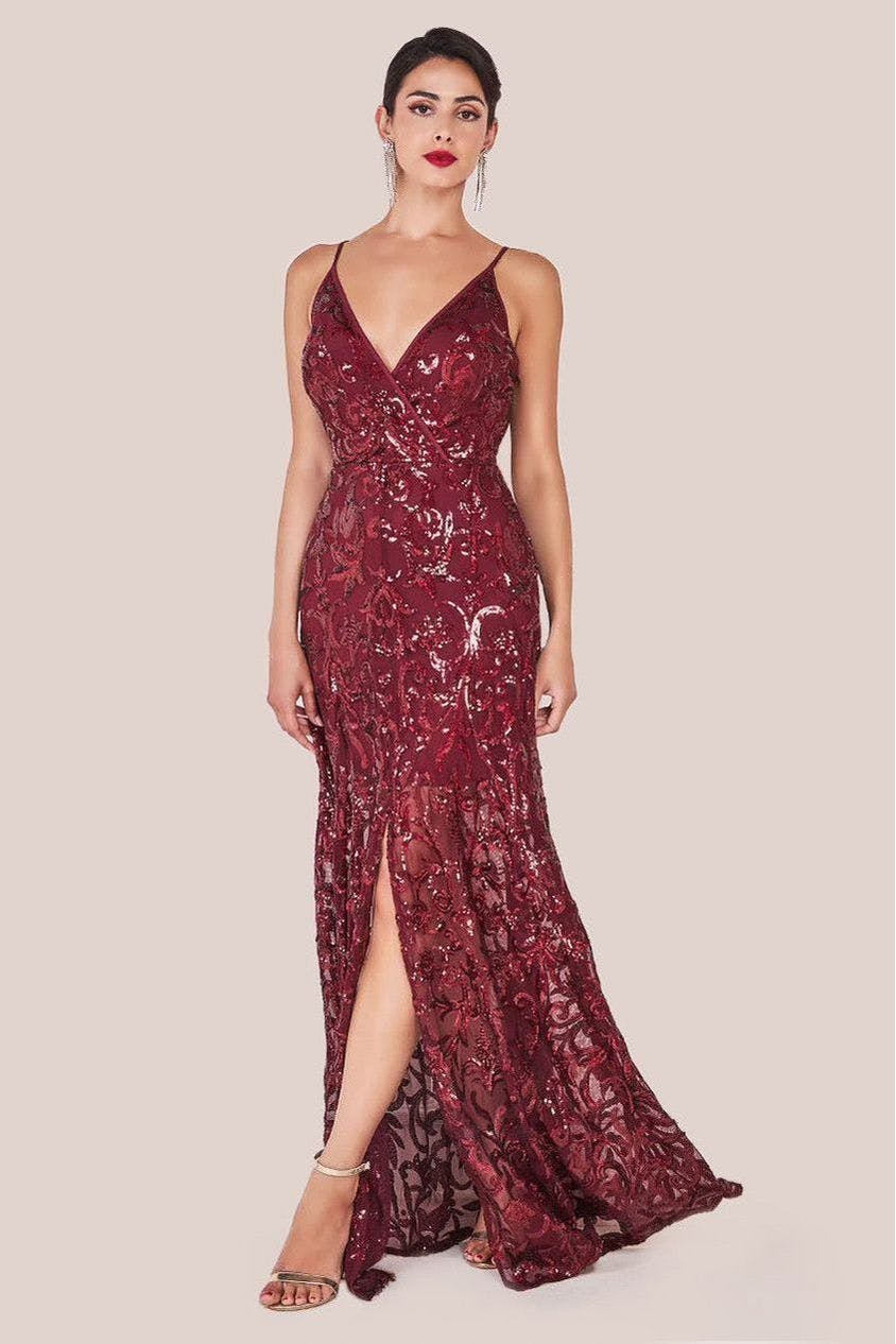 Goddiva Burgundy Iridescent Sequin Maxi With Front Split - By - 8