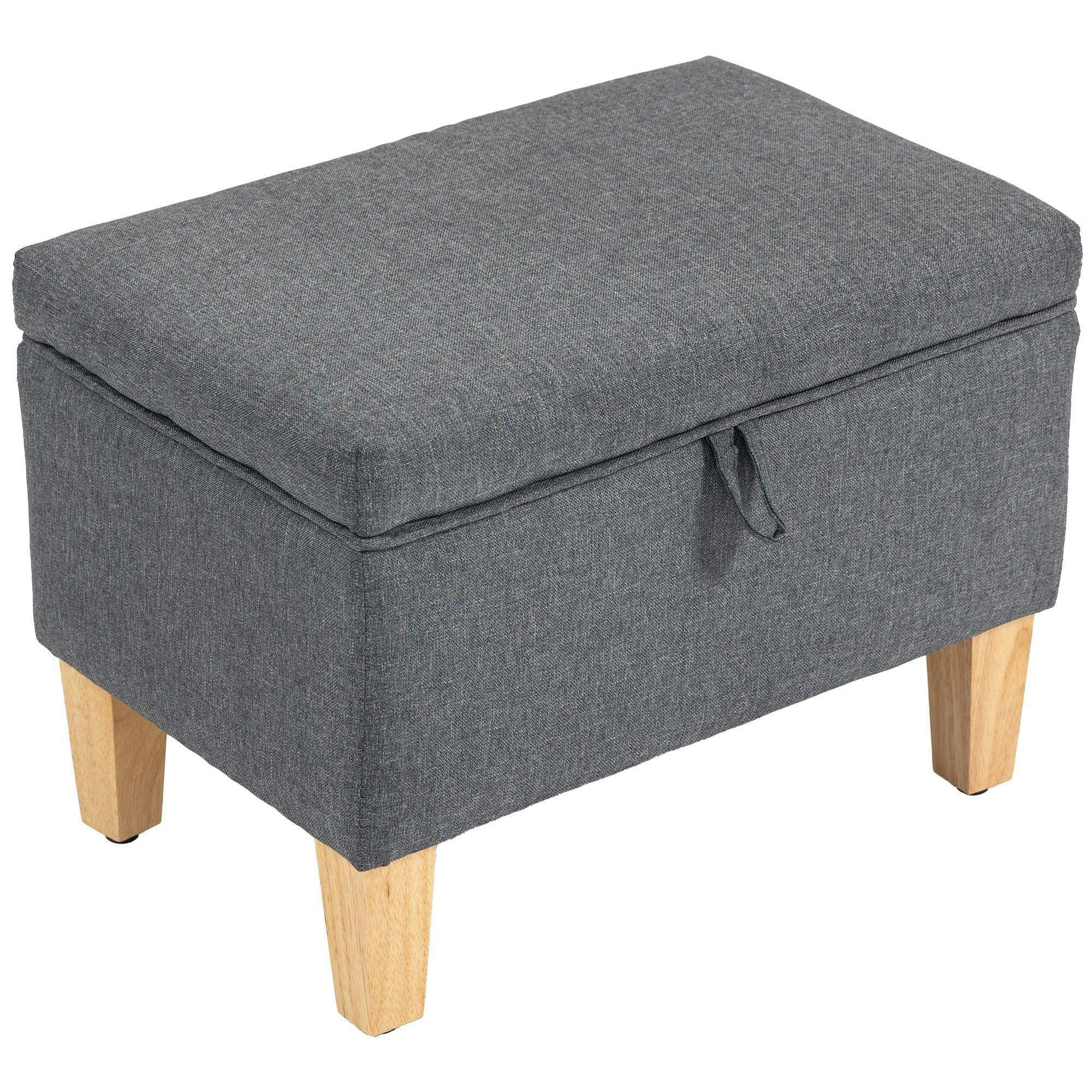 Bobobiy Grey 16L Linen Storage Ottoman Padded Footstool With Rubberwood Legs For Storage Box, Bed End, Shoe Bench, Seating, Charcoal