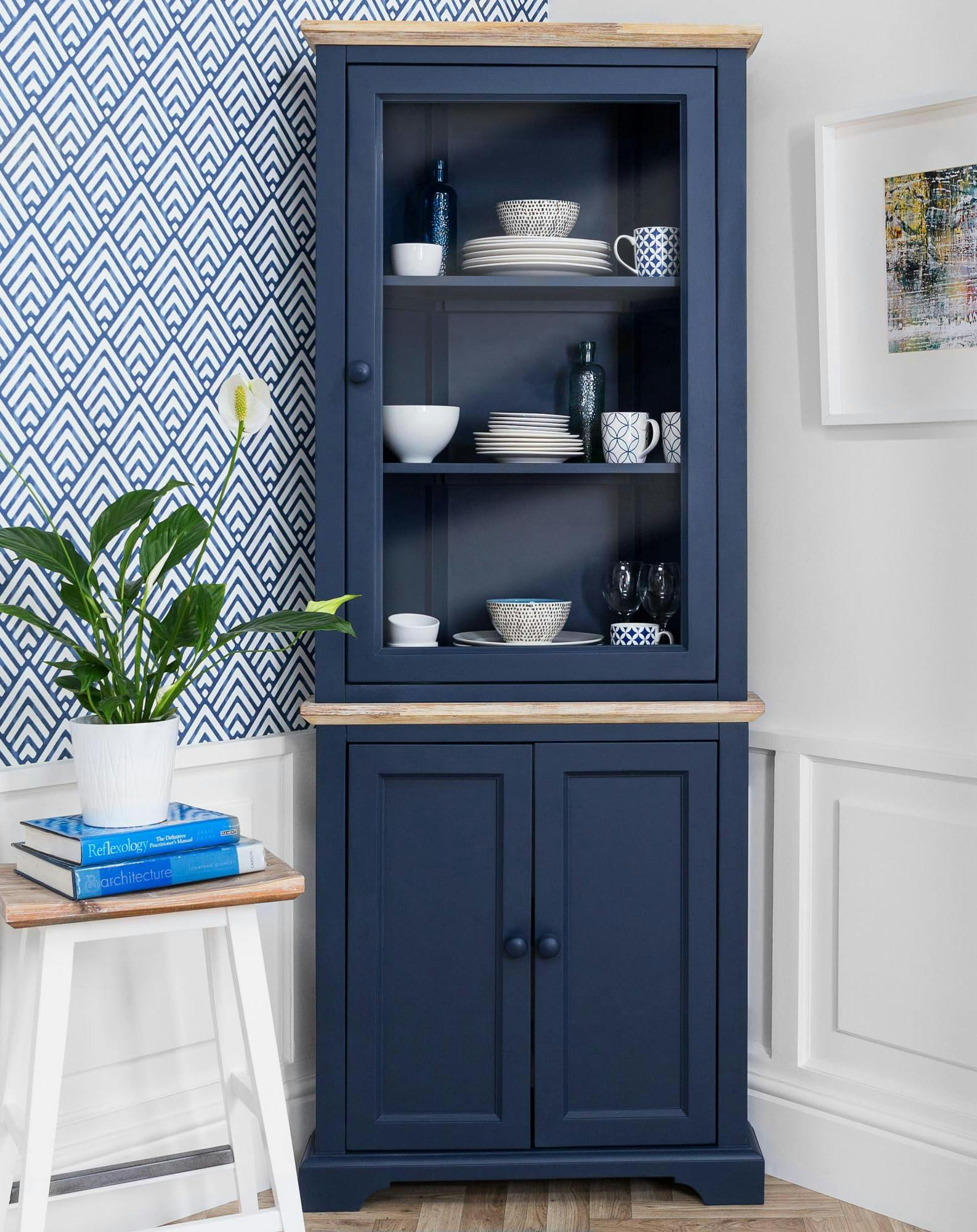 Rackhams Blue Florence Corner Display Cabinet, Glass Door Assembled Dresser - Navy