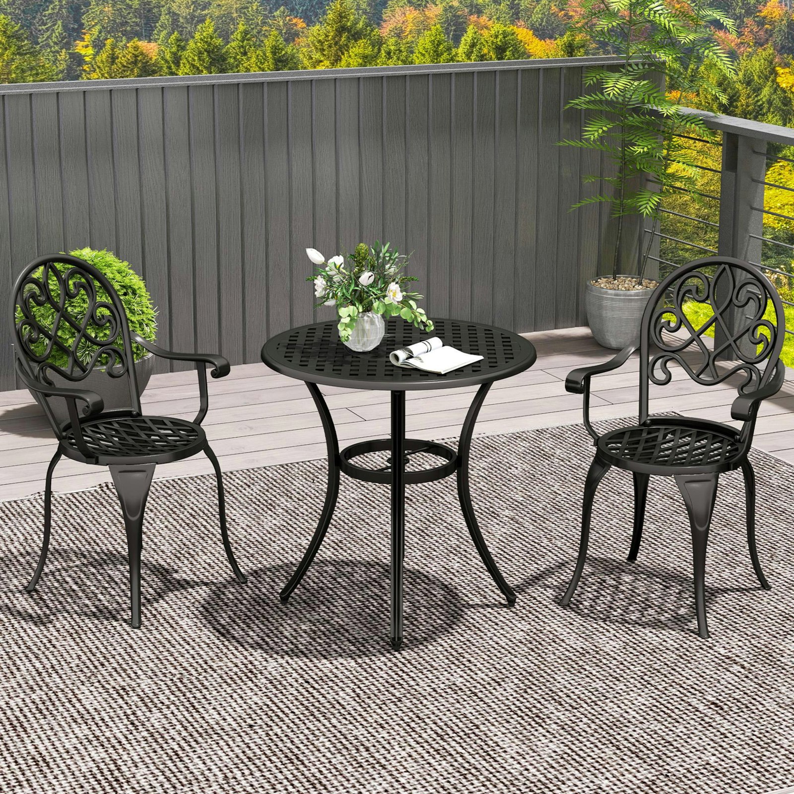 Rackhams White/Black 3Pcs Garden Bistro Set Cast Aluminium Round Table With 2 Chairs