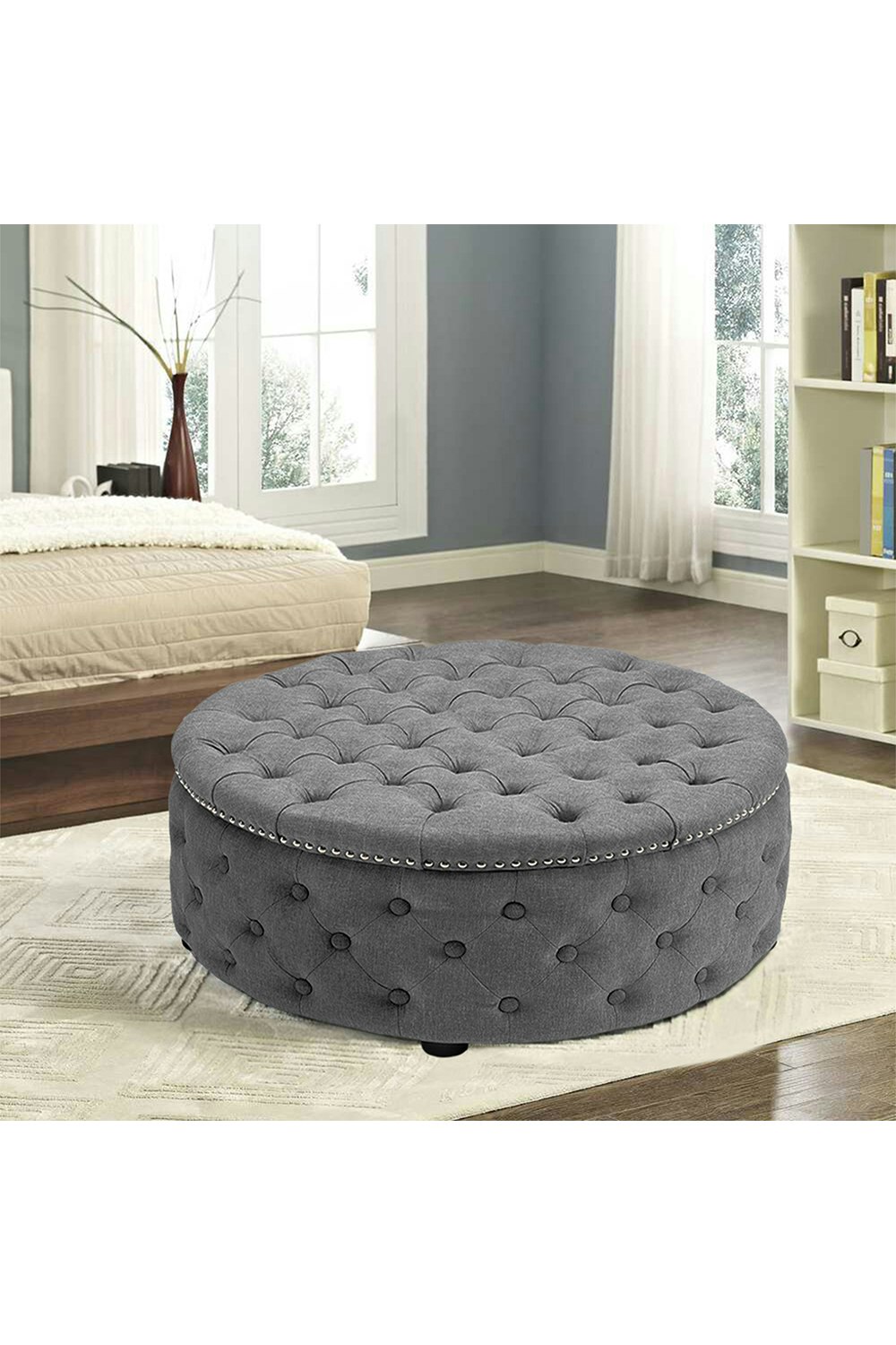 Rackhams Grey 75Cm W Tufted Round Cocktail Footstool