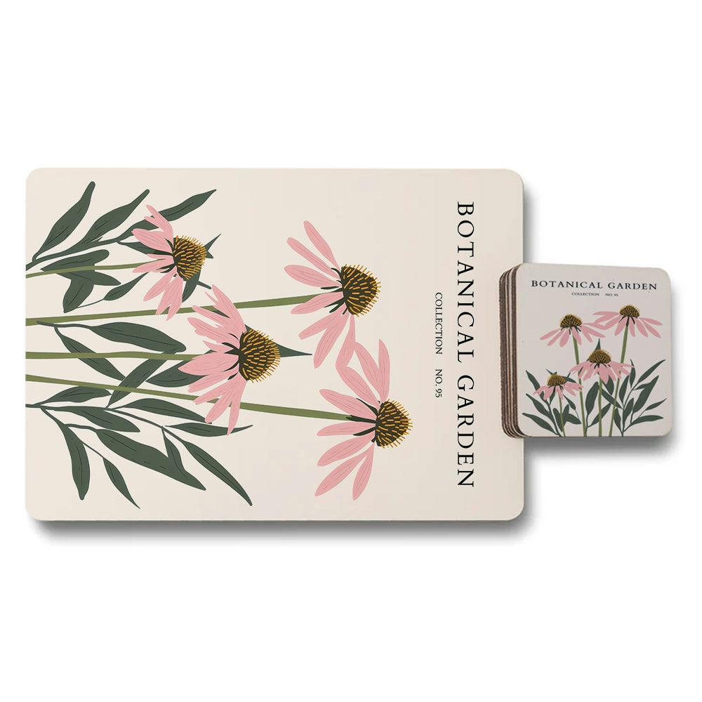 Benjamin Tate Design Ivory/Pink/Green Botanical Garden Placemat And Coaster Set With Wood Bottom Designer Artwork Limited Edition