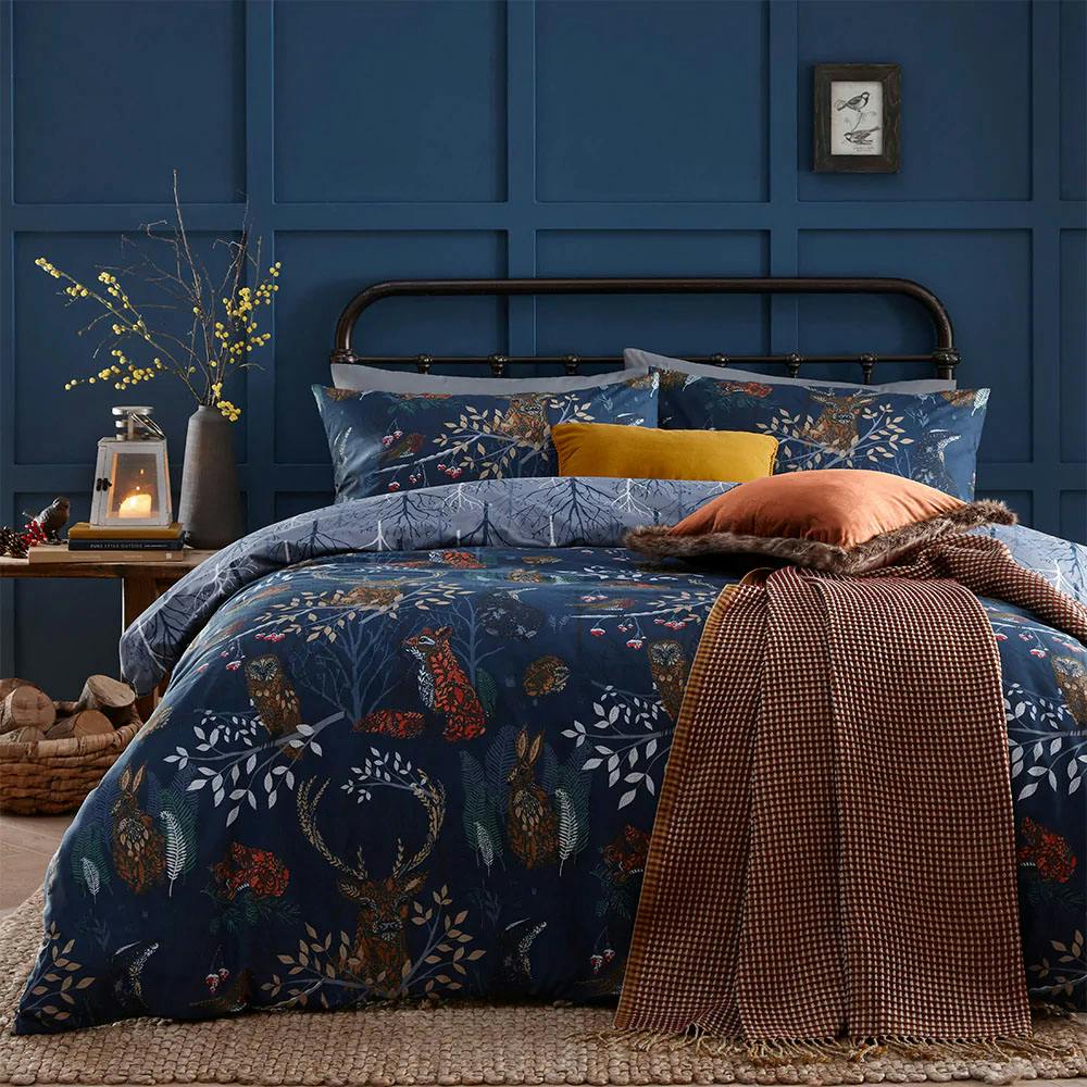 Rackhams Forest Fauna Duvet Cover Set - Navy - King - Navy - 50% Polyester/50% Cotton