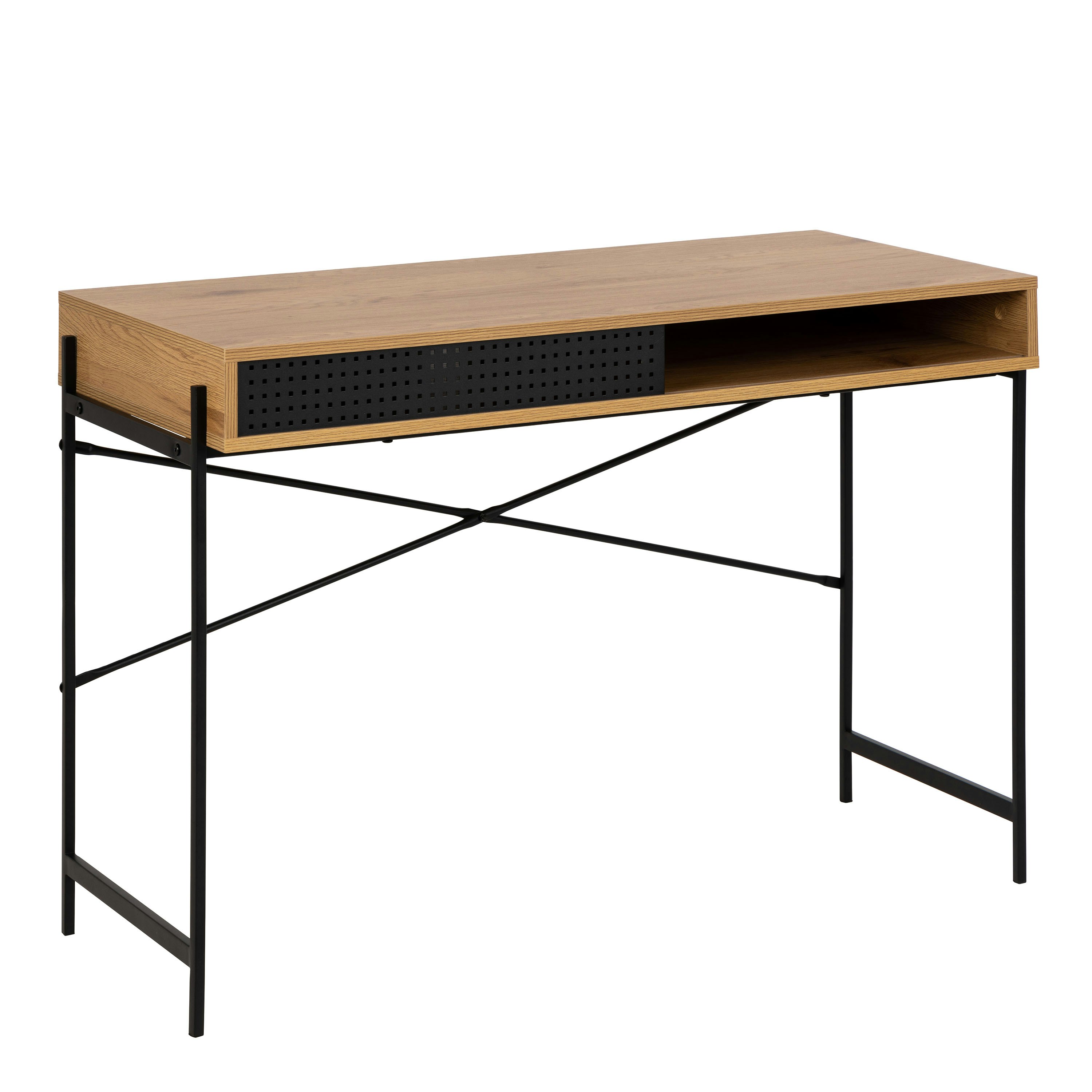 B&Q - Angus Office Desk With Sliding Door In Oak & Black - Image 5