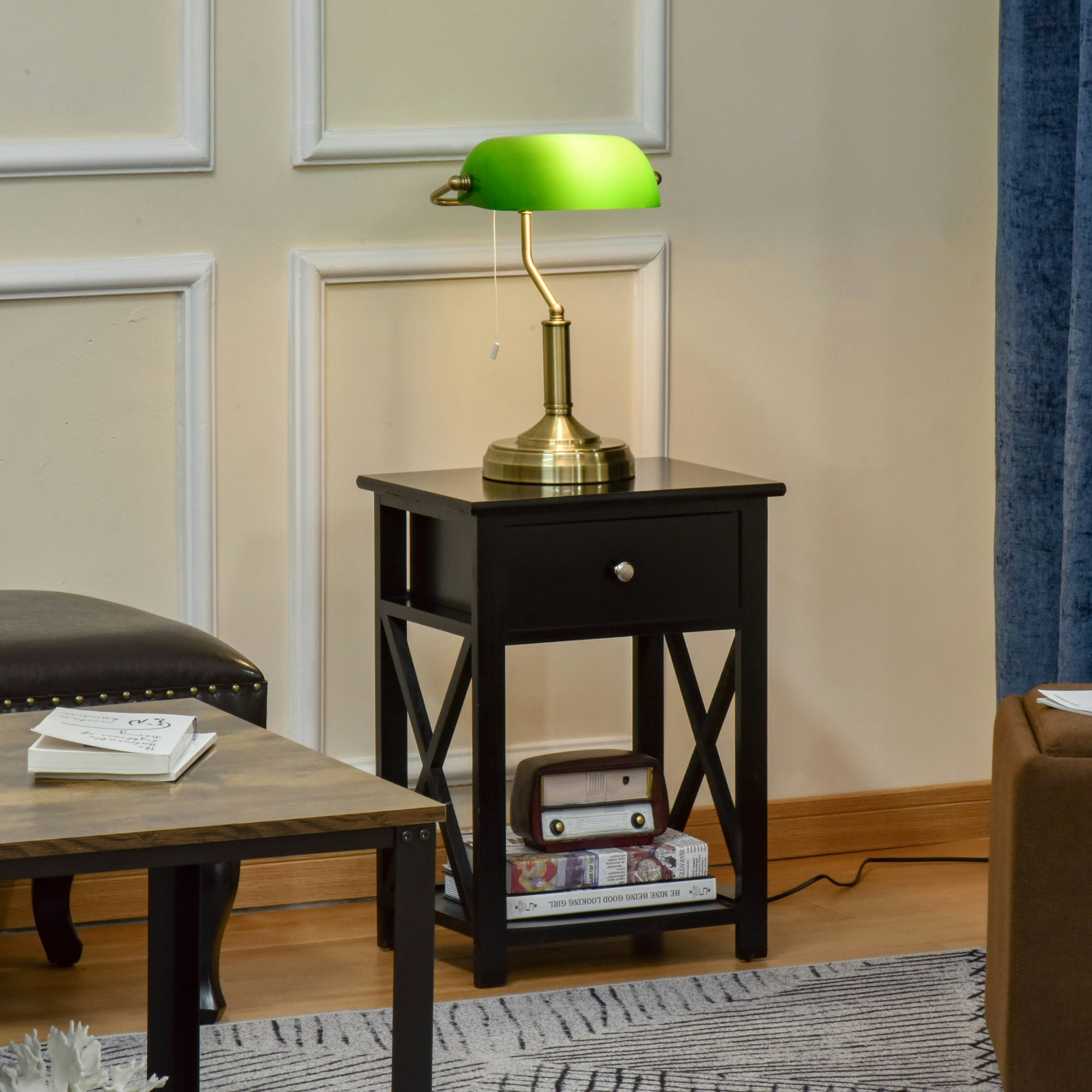Rackhams Bronze/Green Banker's Table Lamp With Base, Glass Shade