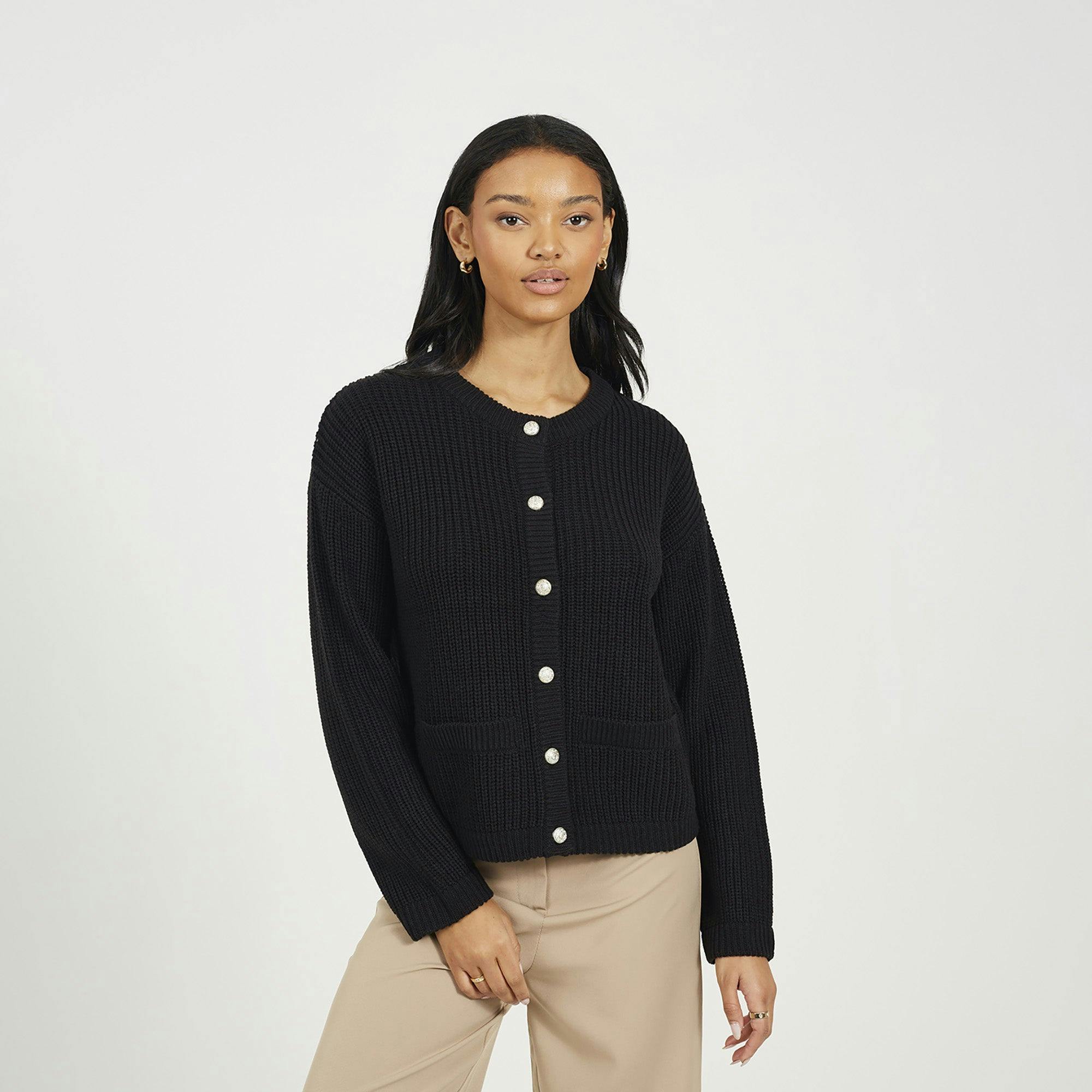 Brave Soul Black Round Neck Fisherman Knit Cardigan - Xs