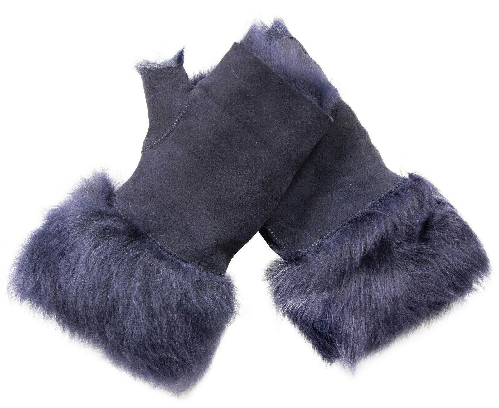 Infinity Leather Women's Shearling Mittens Fingerless Cuffs Toscana Suede Sheepskin Fur - Navy - One Size