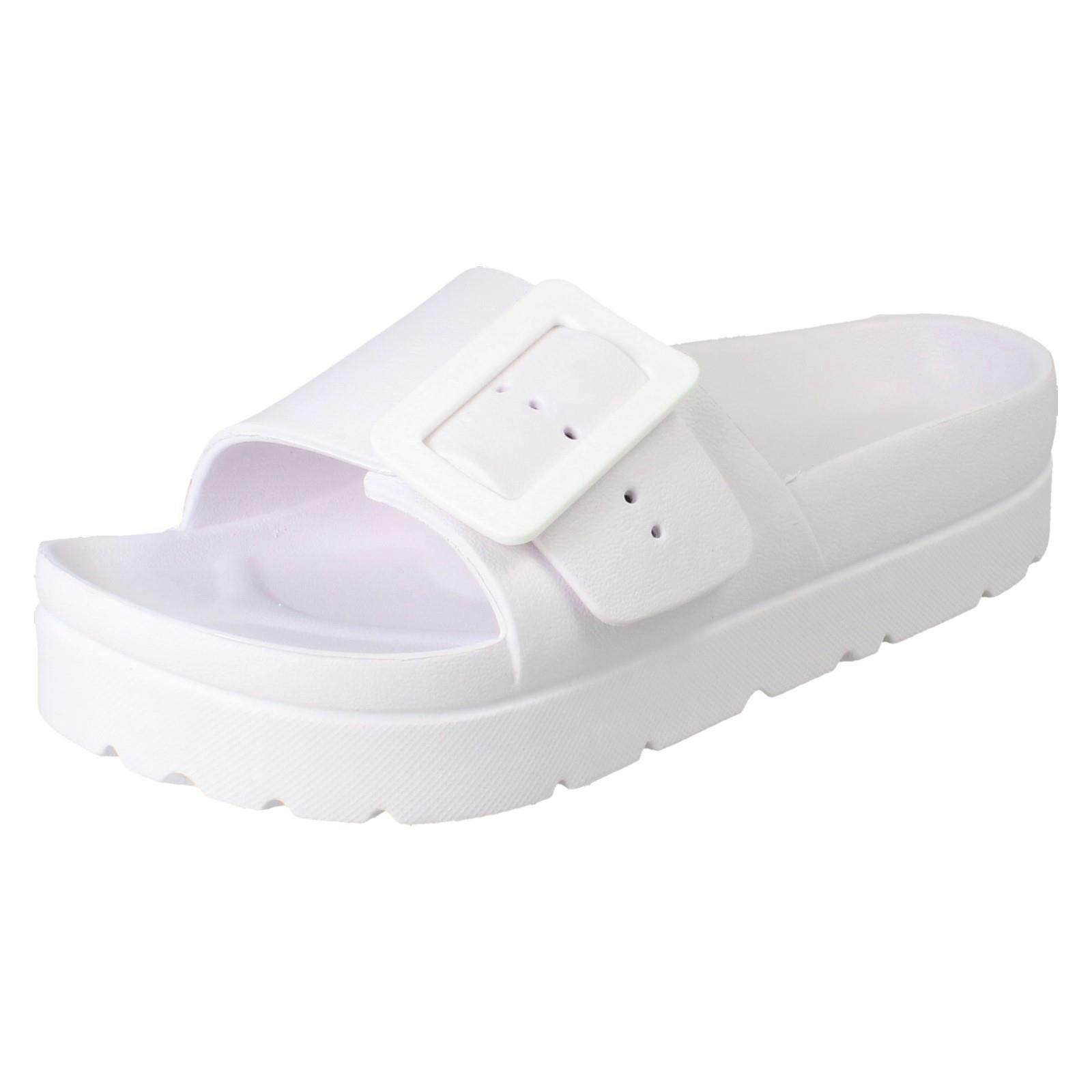 Spot On Women's White Adjustable Buckle Slip On Sliders Sandals F12098 - Uk 7