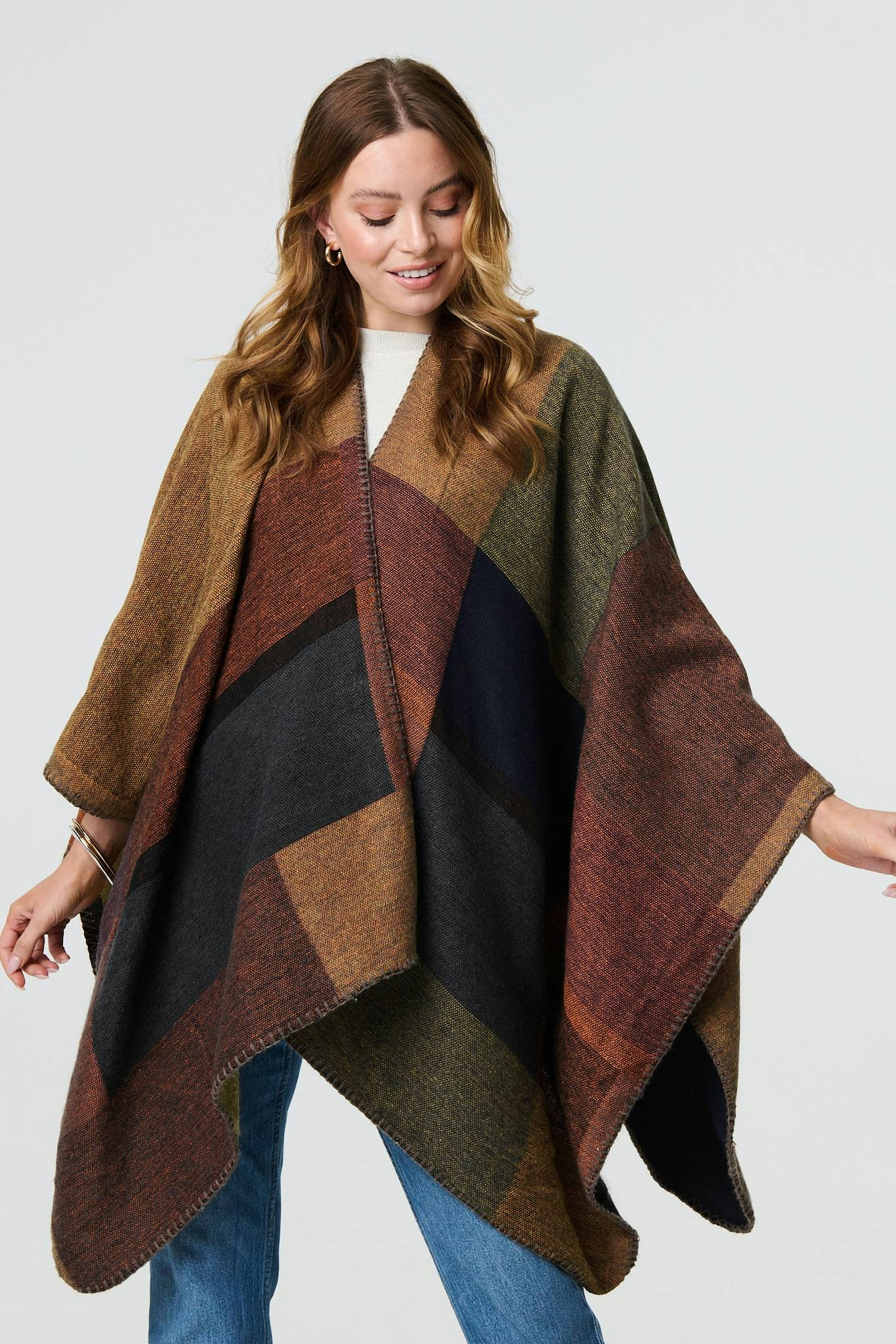 Izabel London Brown Colour Block 3/4 Sleeve Relaxed Poncho - M/L