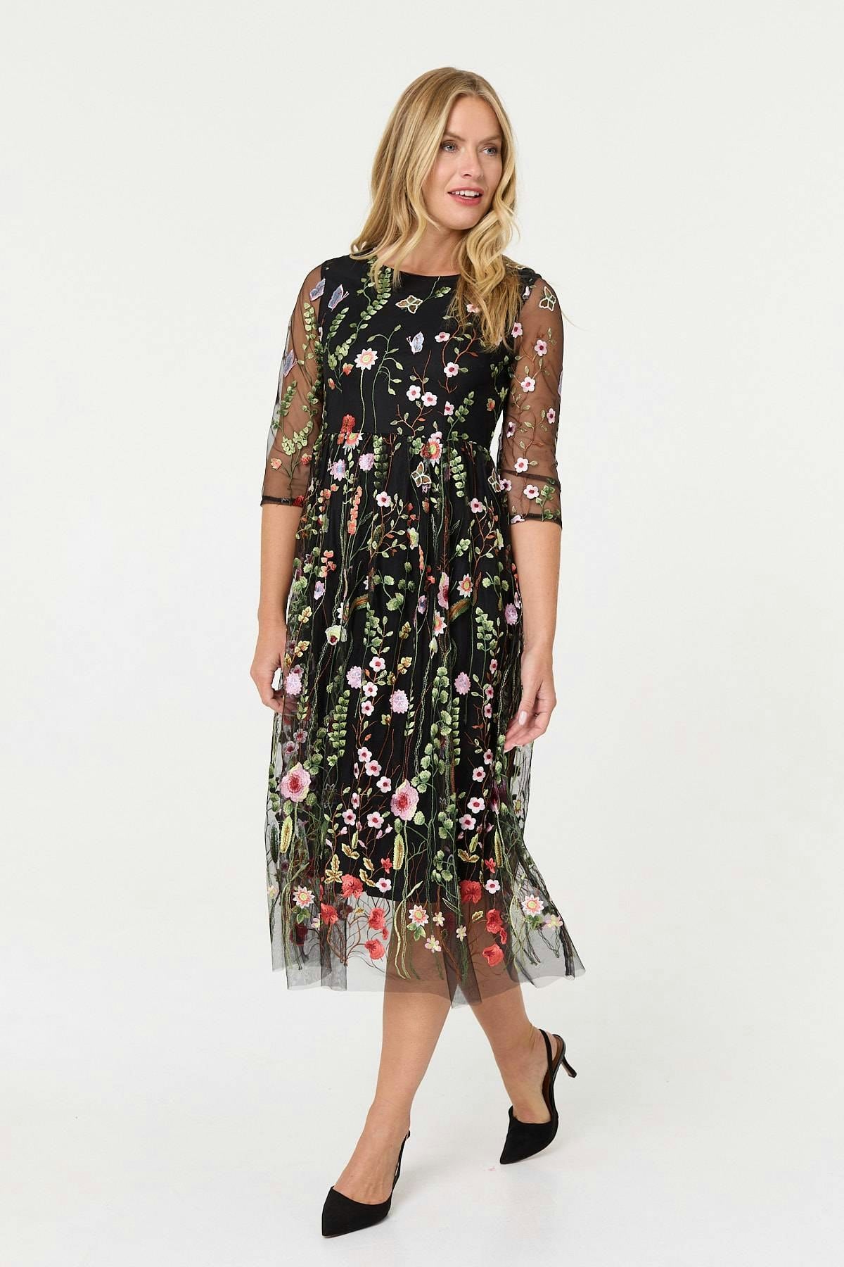 Izabel London Black Floral Embroidered Mesh Midi Dress - 10