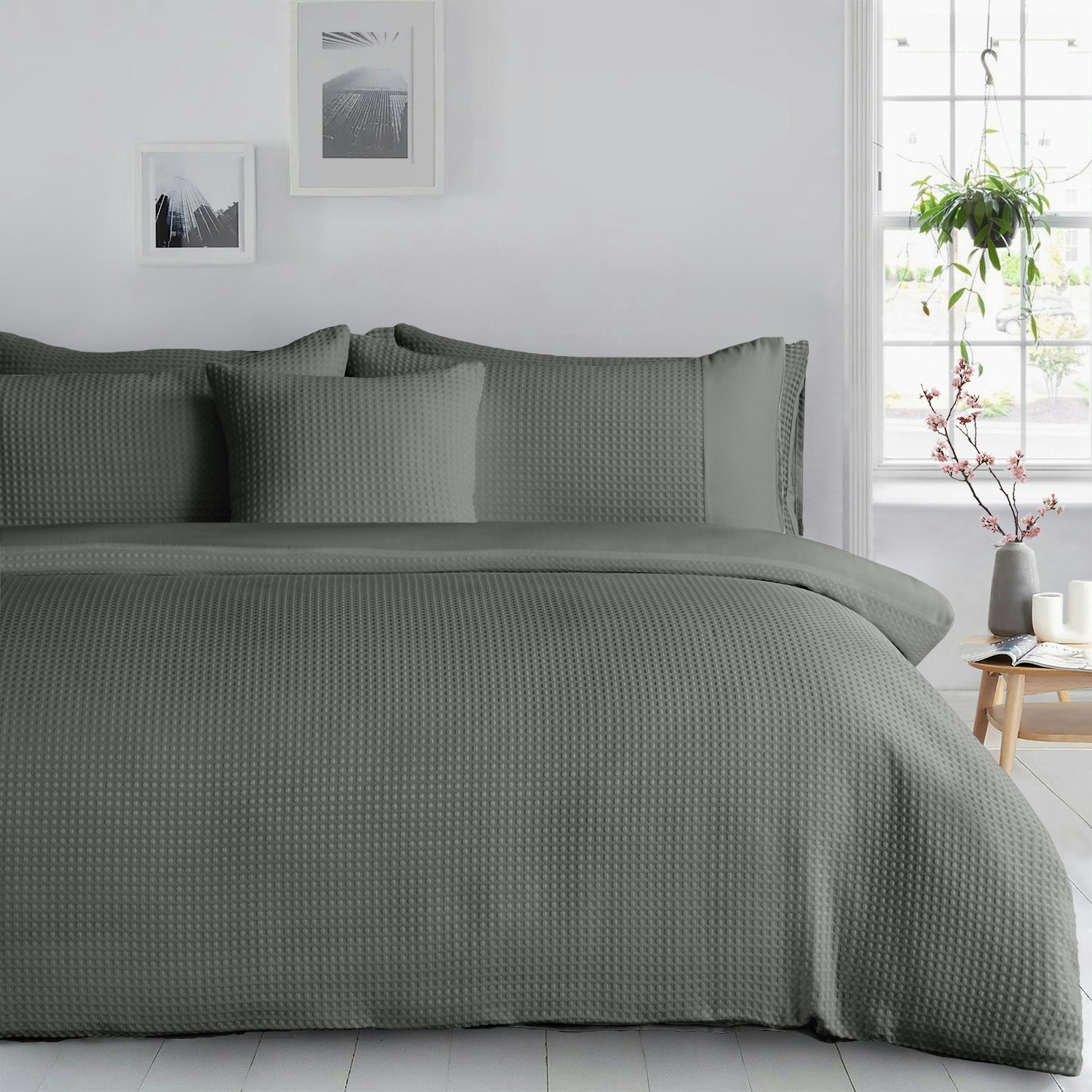 Rackhams Silver/White Waffle Weave Double Duvet Cover Set With Button Enclosure And Matching Pillowcase Set - Charcoal - Super King
