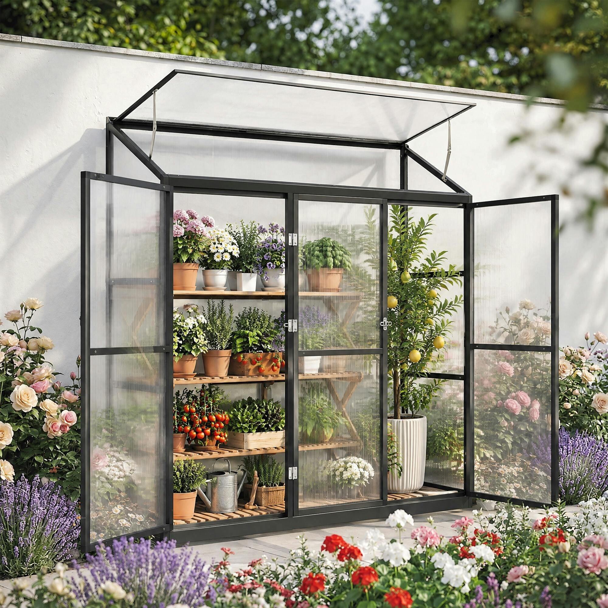 Outsunny Aluminium Polycarbonate Walk-In Greenhouse - 5.7 x 1.6ft - Black - Image 2
