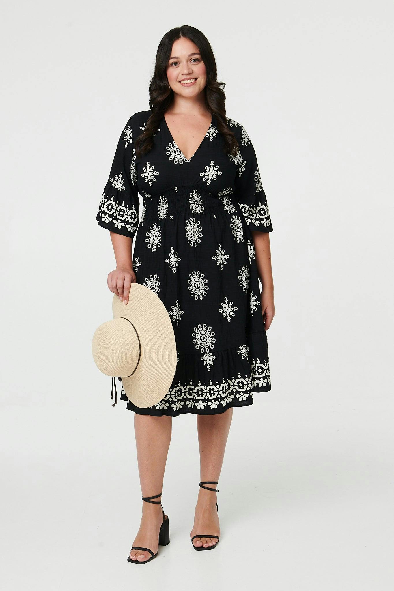 Izabel London Black Curve Printed V-Neck Knee Length Dress - 24