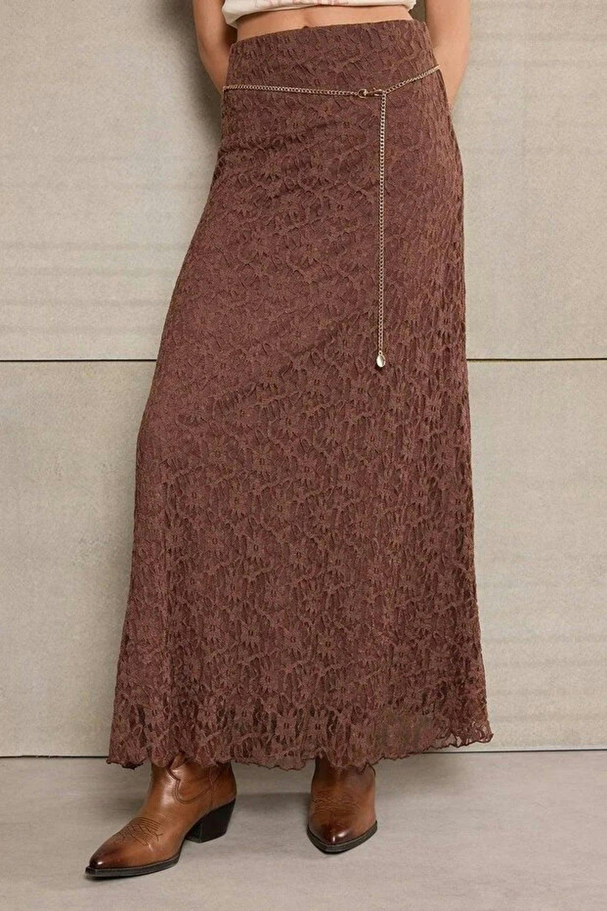 Wovcor Brown A-Line Belted Regular Waist Maxi Lace Knit Skirt - Xl
