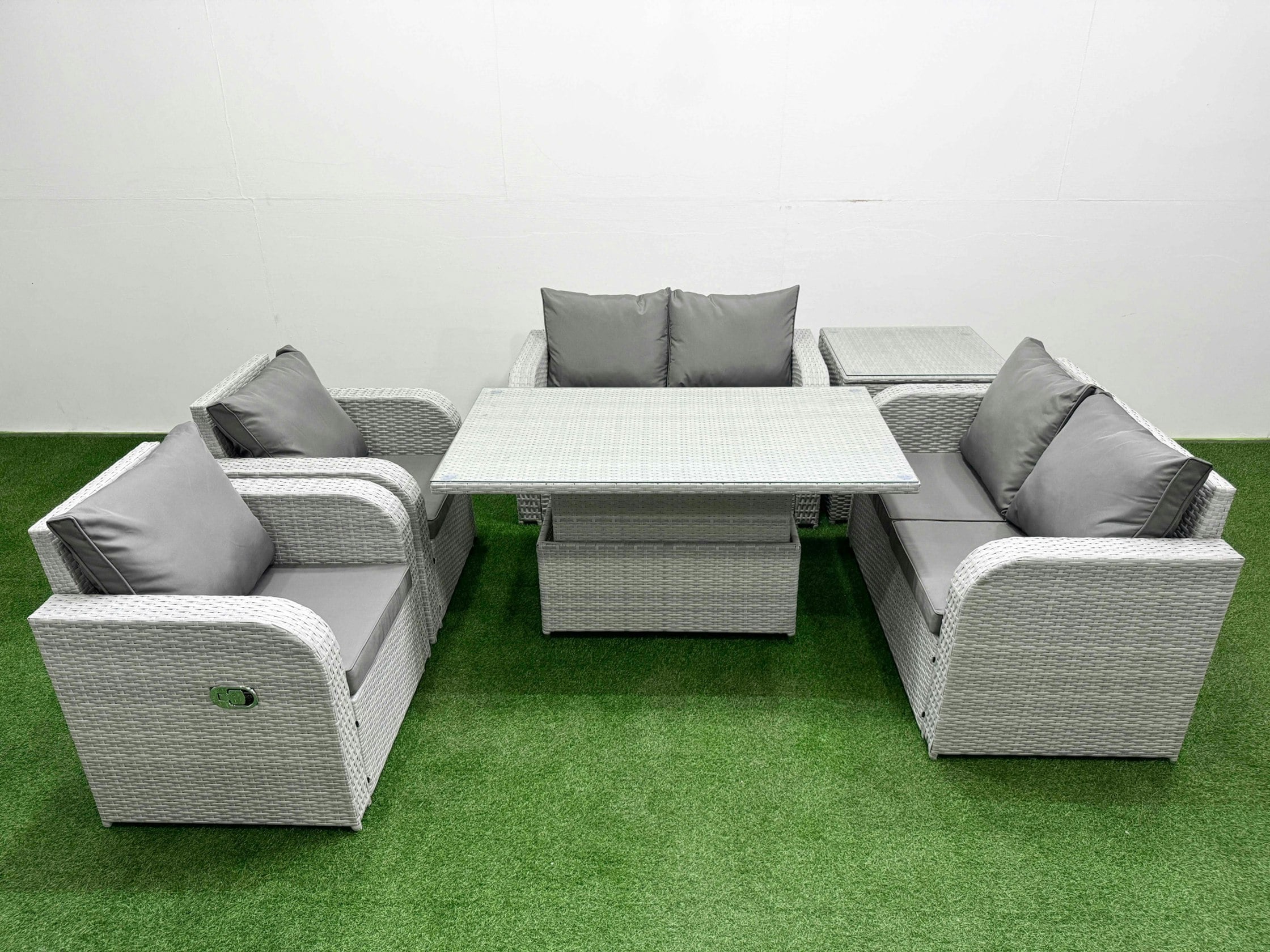 Fimous Light/Grey 6 Seater Outdoor Reclining Chair Love Sofa Set Rattan Garden Furniture Set With Adjustable Lifting Dining Or Coffee Table Side Table
