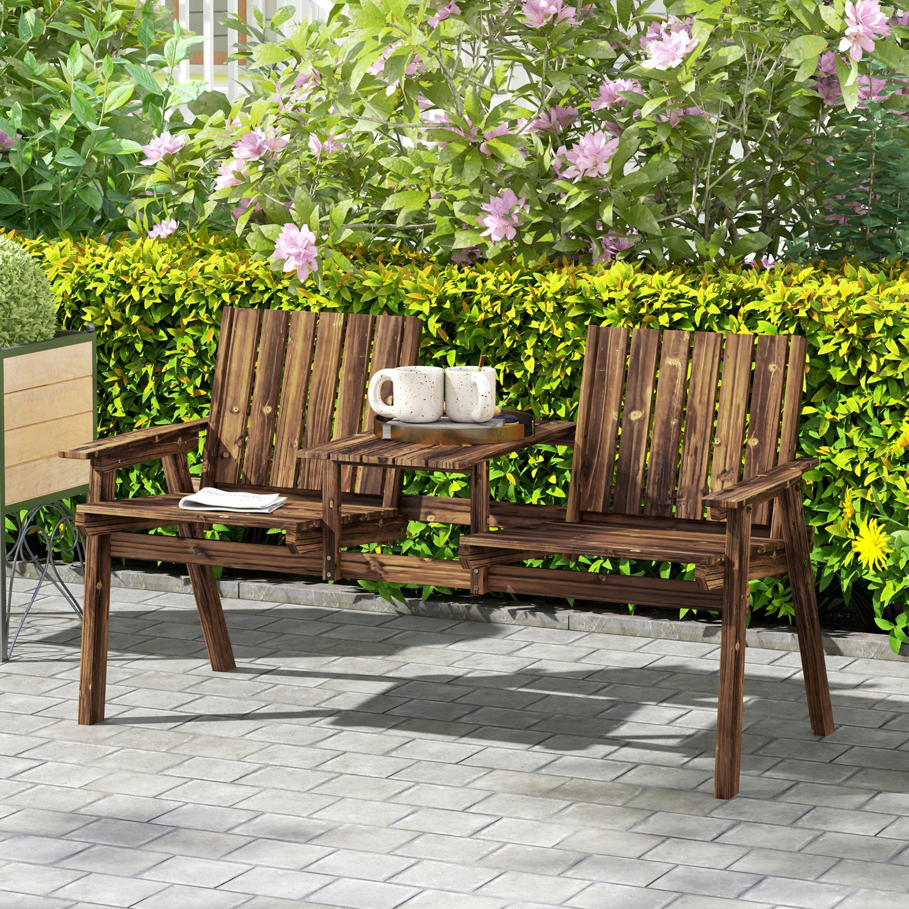 Rackhams 2-Seater Wooden Garden Bench With Armrest, Carbonised Finish