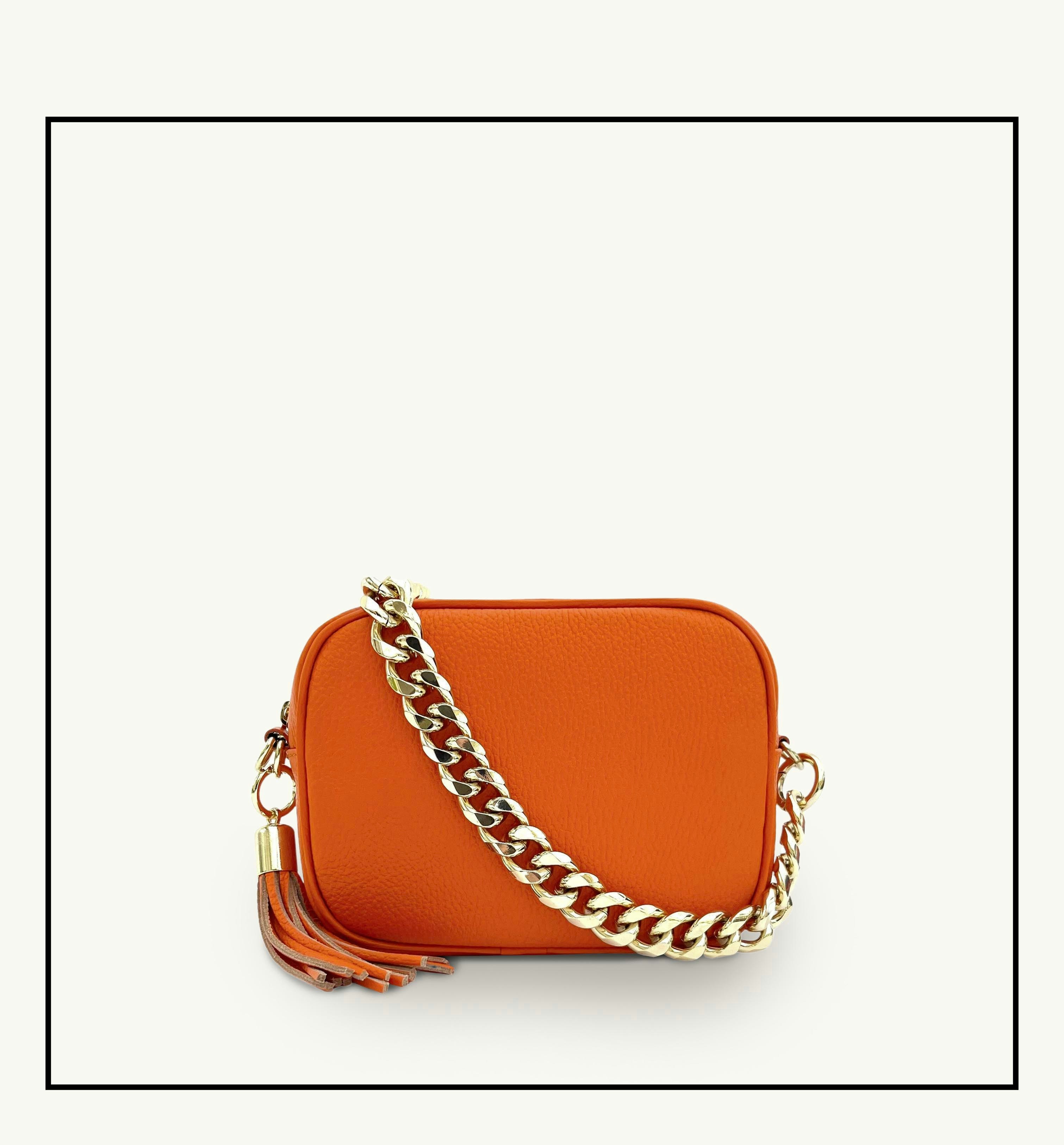 Apatchy London Orange/Gold The Tassel Leather Crossbody Bag With Chain Strap 7Cm
