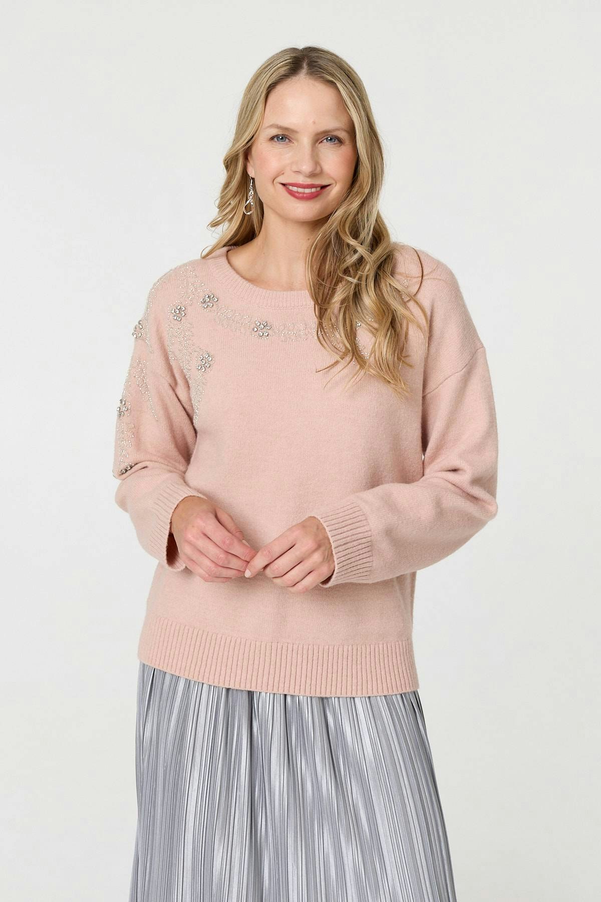 Izabel London Pink Sparkly Floral Detail Relaxed Jumper - 16