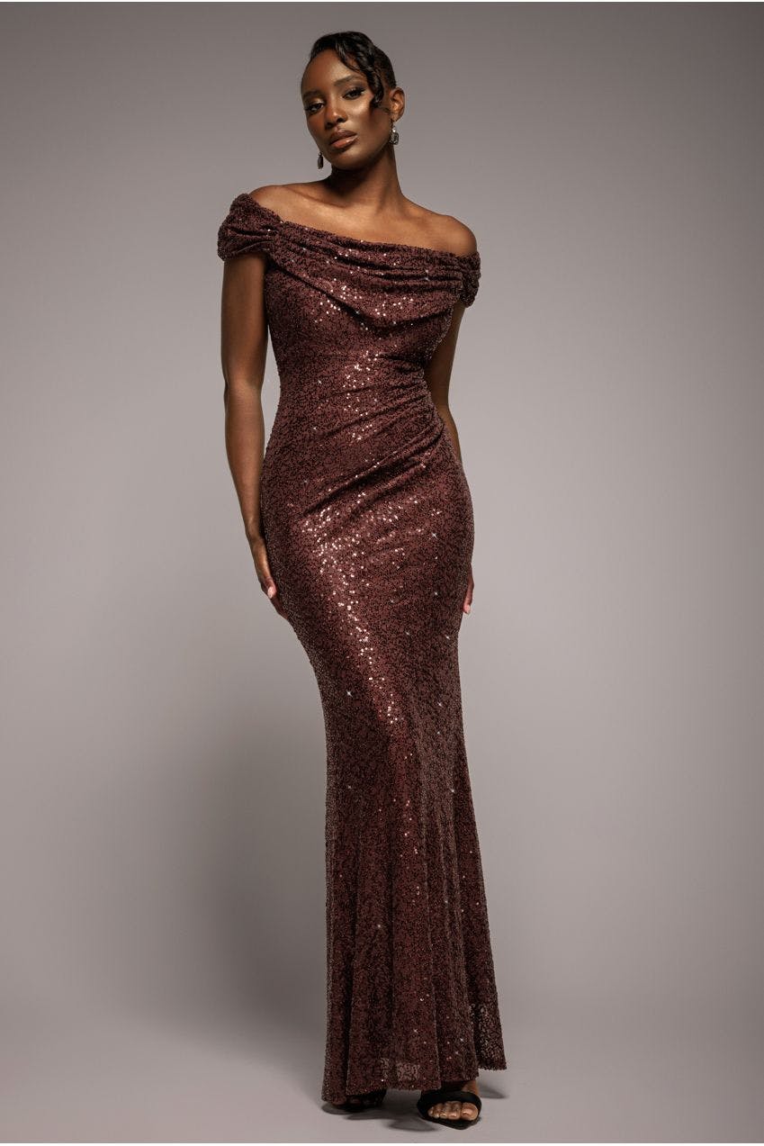 Goddiva Brown Cap Sleeve Iridescent Sequin Cowl Maxi Dress - By - 18