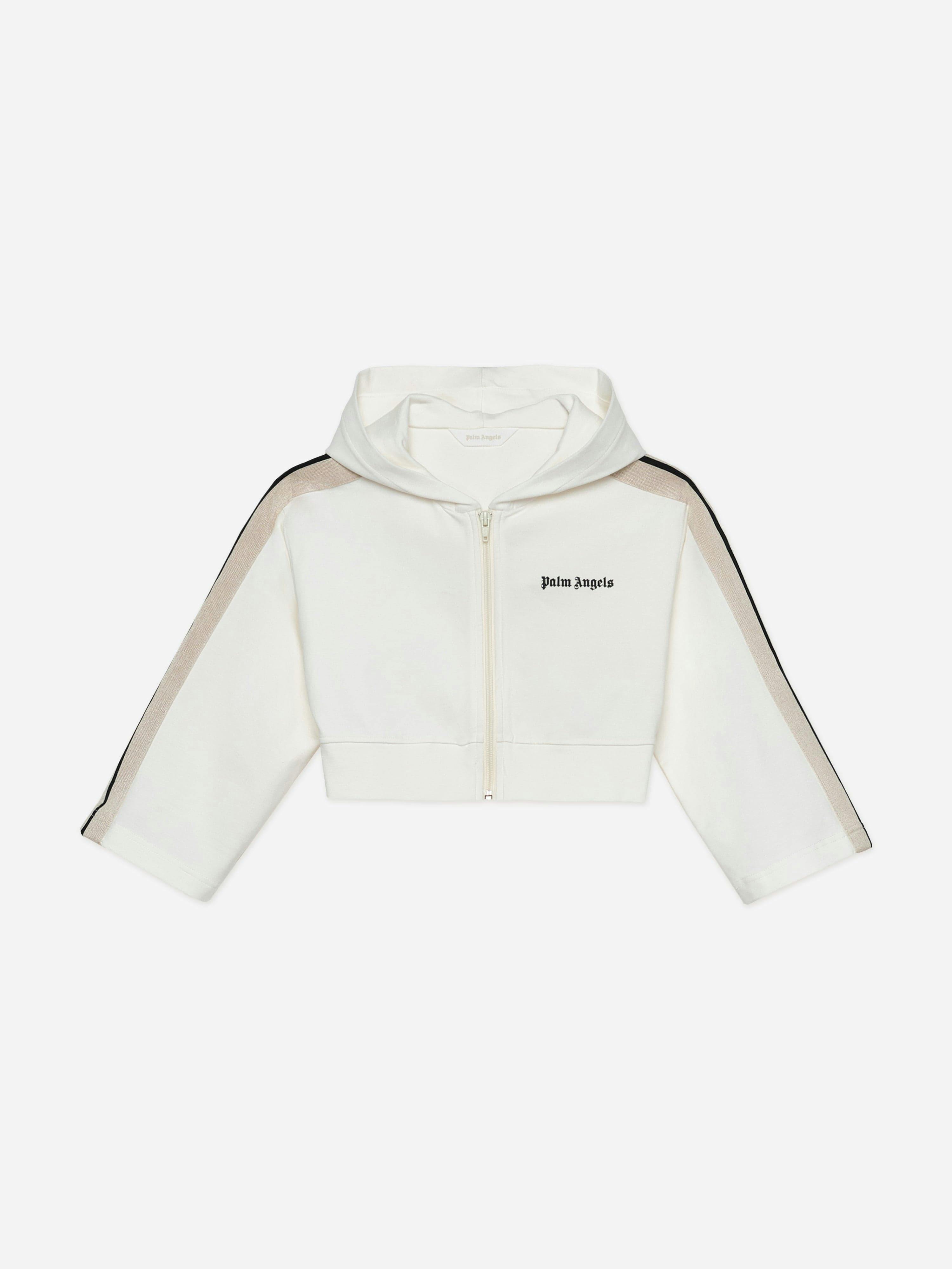 Palm Angels Girls Ivory Track Cropped Zip Hoodie In - 4 Yrs