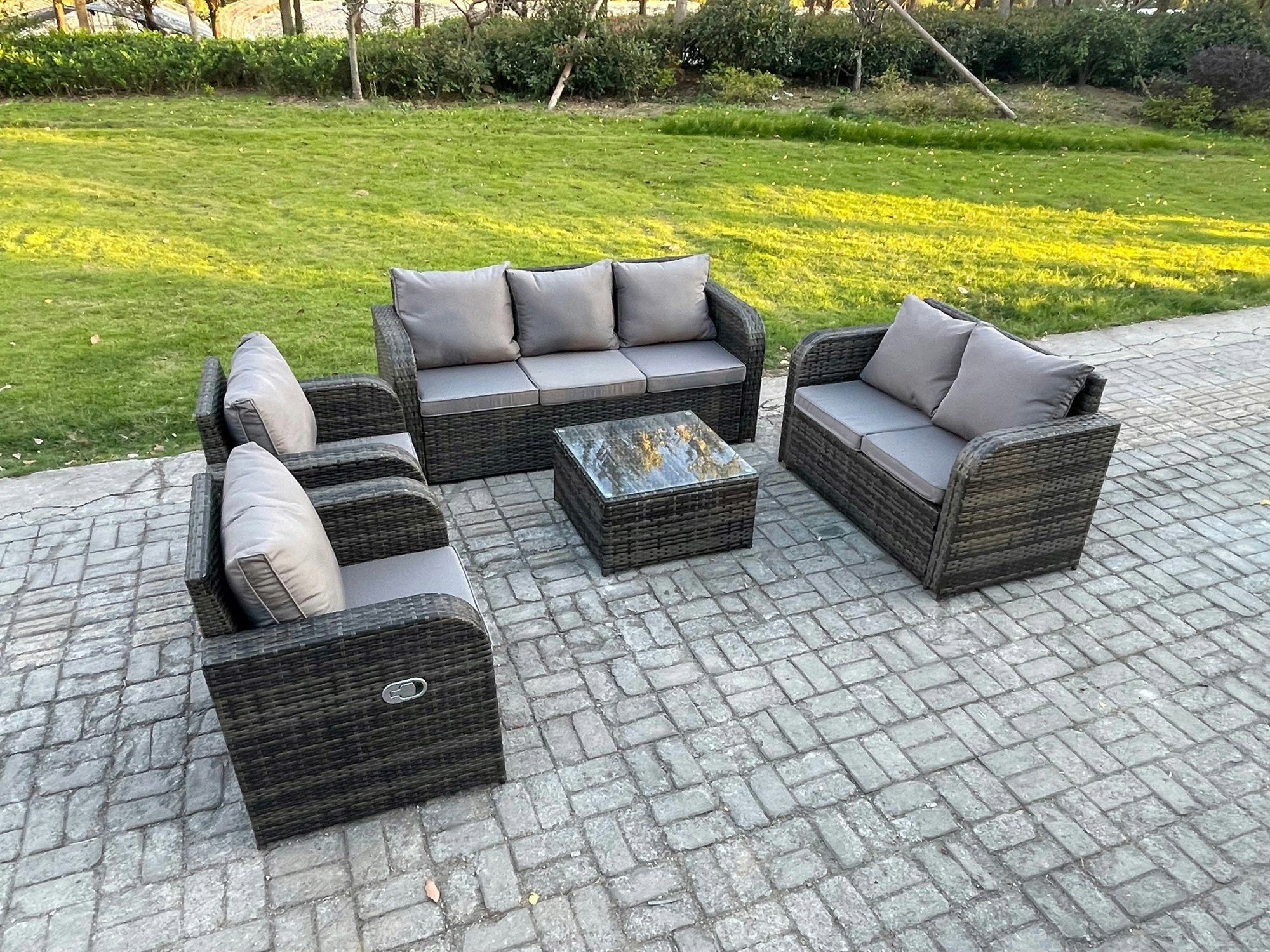 Rackhams Dark/Grey 7 Seater Garden Furniture Set Rattan Outdoor Lounge Sofa Chair With Tempered Glass Table Mixed